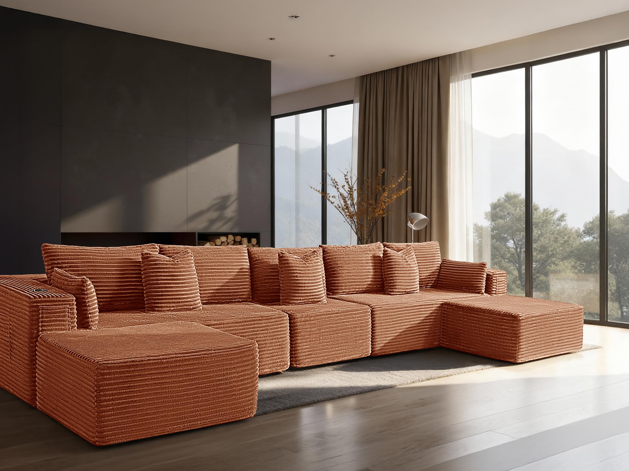 168" Cloud Sectional Couch, Comfort U Shaped Sofa for Living Room, Extra Deep Seats No Assembly, Minimalist Modular Couch, Corduroy (Deep Orange, 7 Seats,U-Shape A)