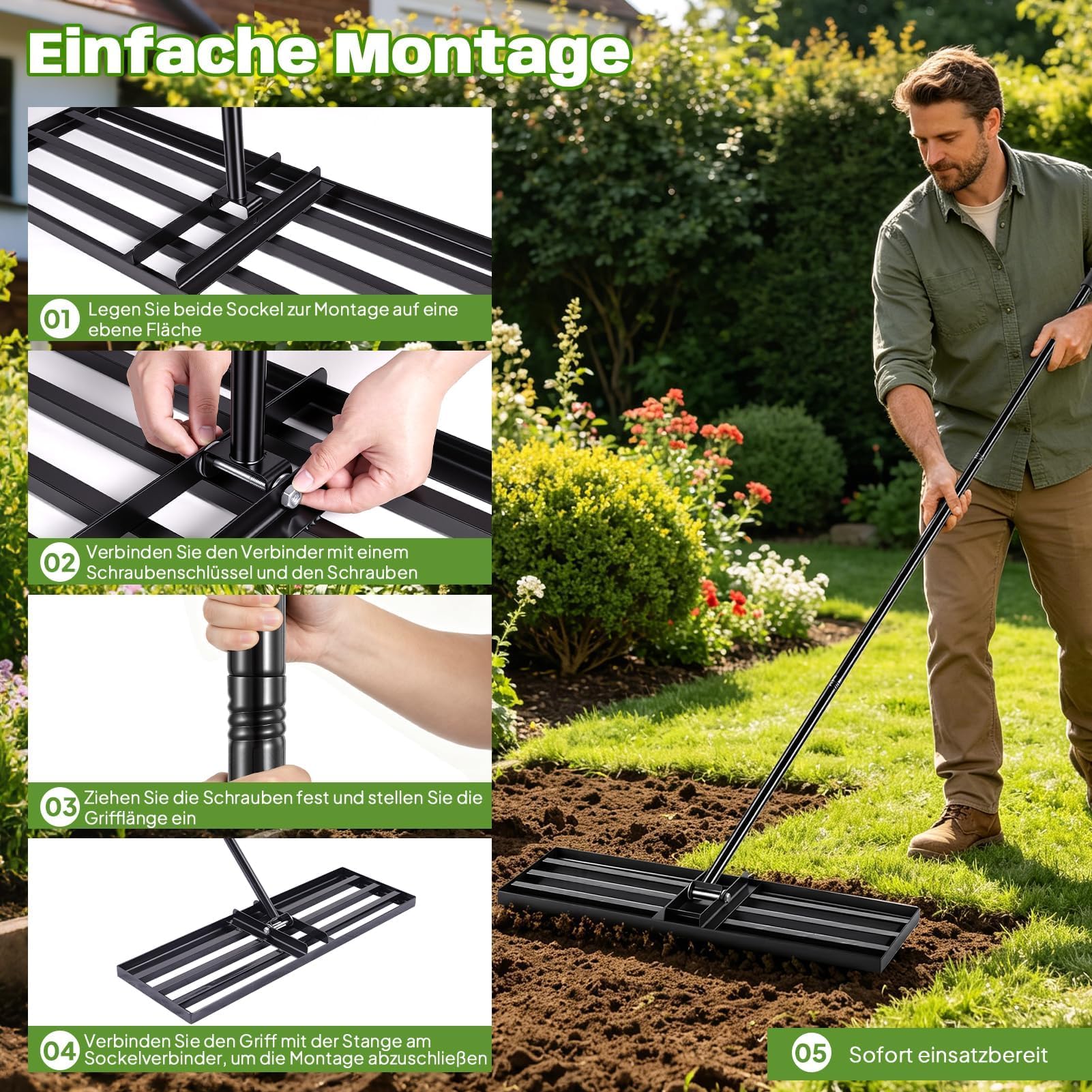 Nivelador de césped con mango regulable de 200 cm, rastrillo de nivelación de césped de 76 x 25 cm, de acero al carbono, rastrillo de césped para nivelar para jardín, patio y cuidado del césped