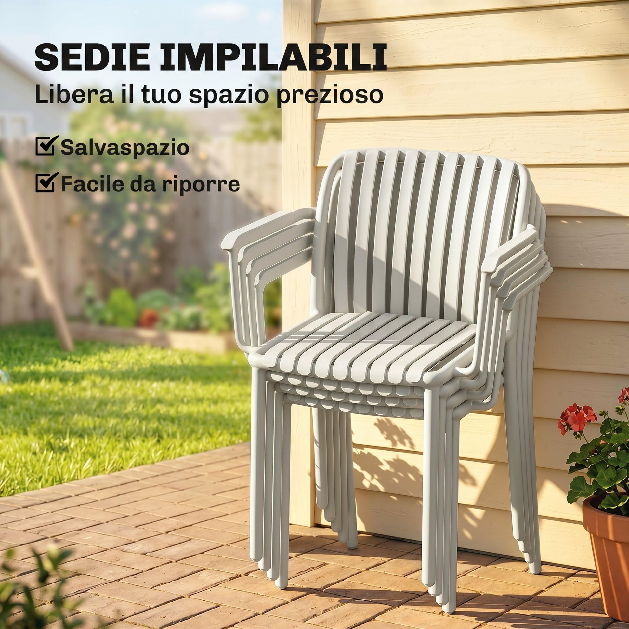 Outsunny Set 4 Sedie da Giardino Impilabili Anti UV con Braccioli Grigio | Polipropilene, Sedie per Pranzo da Esterno, Design a Doghe, per Patio Balcone Terrazza Esterno Interno