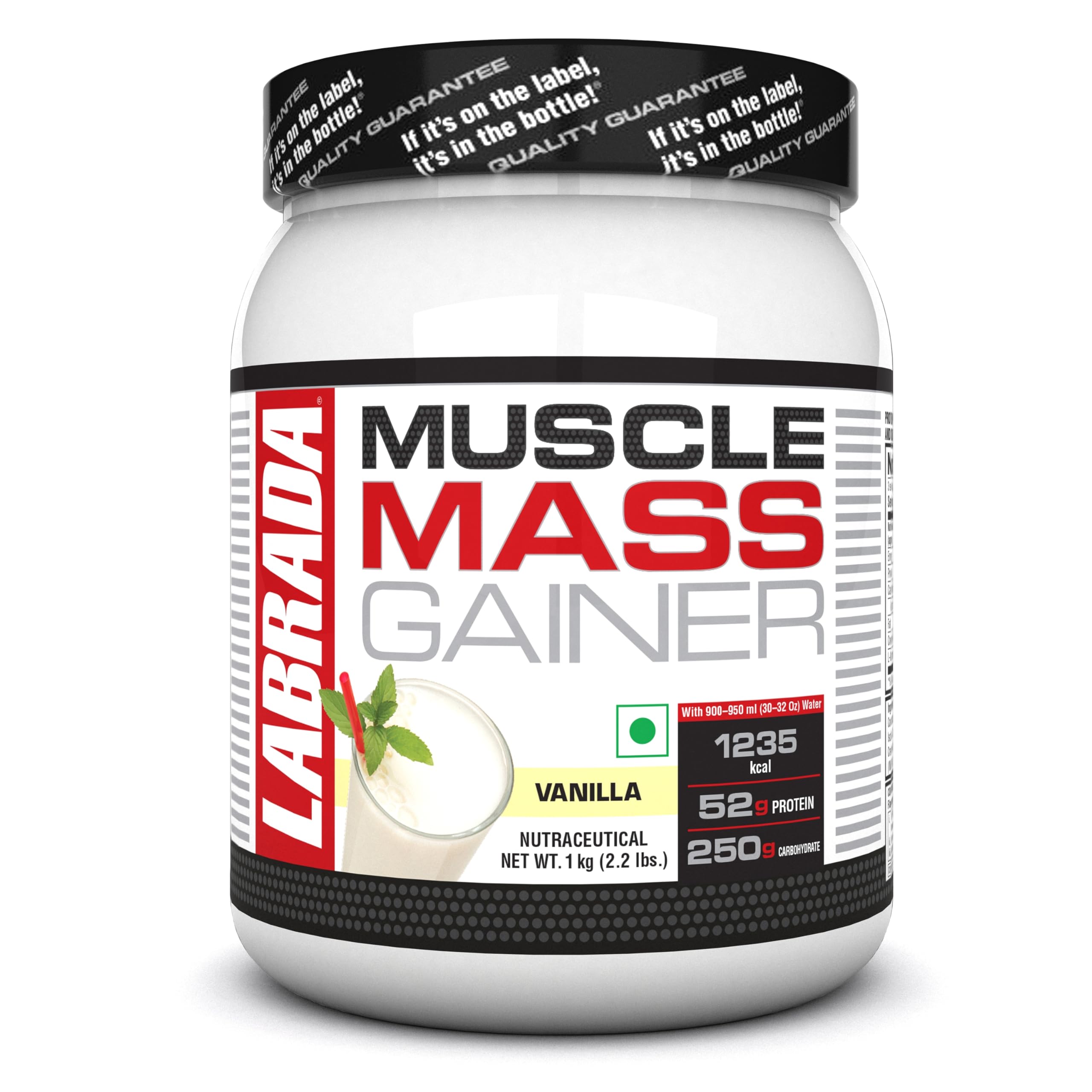 Labrada Muscle Mass Gainer (Gain Weight, Post-Workout, 52g Protein, 250g Carbs,1g Creatine, 500mg L-Carnitine, 3 Servings) - 2.2 lbs (1 kg) (Vanilla)