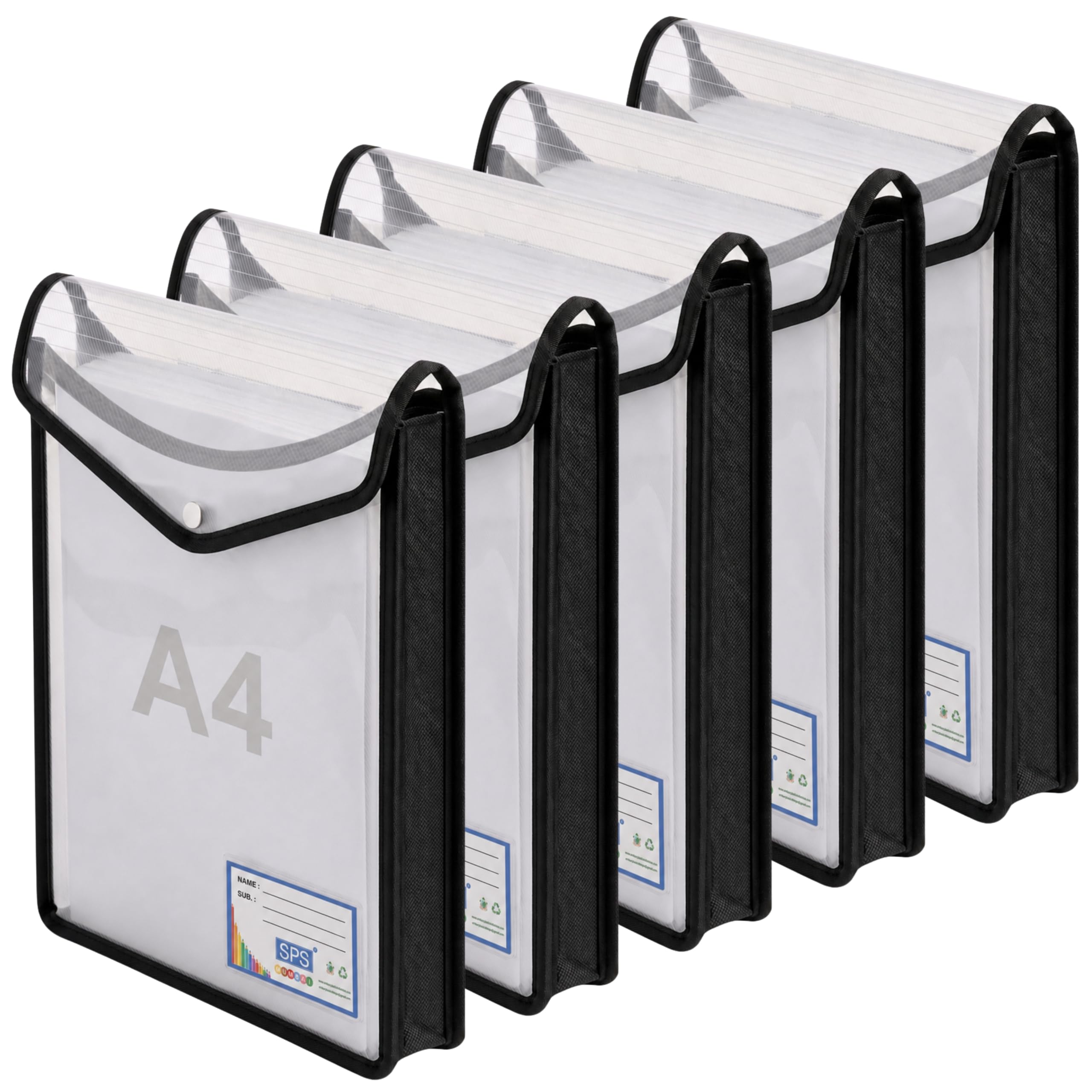 SPS Carpeta de archivos, A4 vertical de poliplástico, bolsa de almacenamiento de archivos transparente con botón pulsador, juego de 5 carpetas de archivos (vertical, negro, paquete
