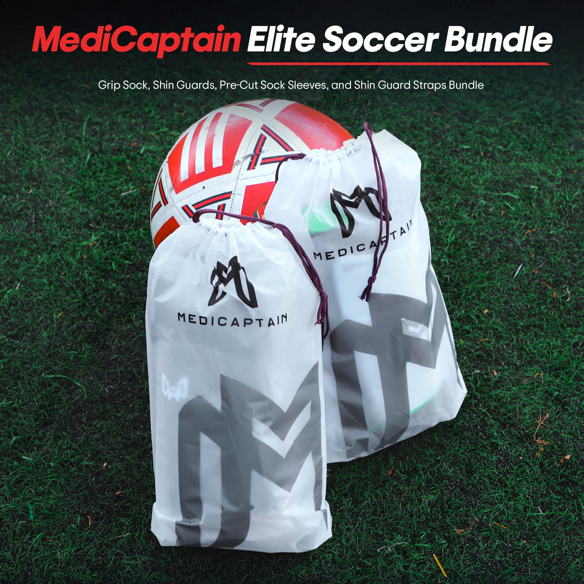 MediCaptain Paquete de calcetines de agarre de fútbol, espinilleras, mangas precortadas y correas de protección, equipo esencial para jugadores de fútbol, para hombres, mujeres, jóvenes, talla 7 a 12