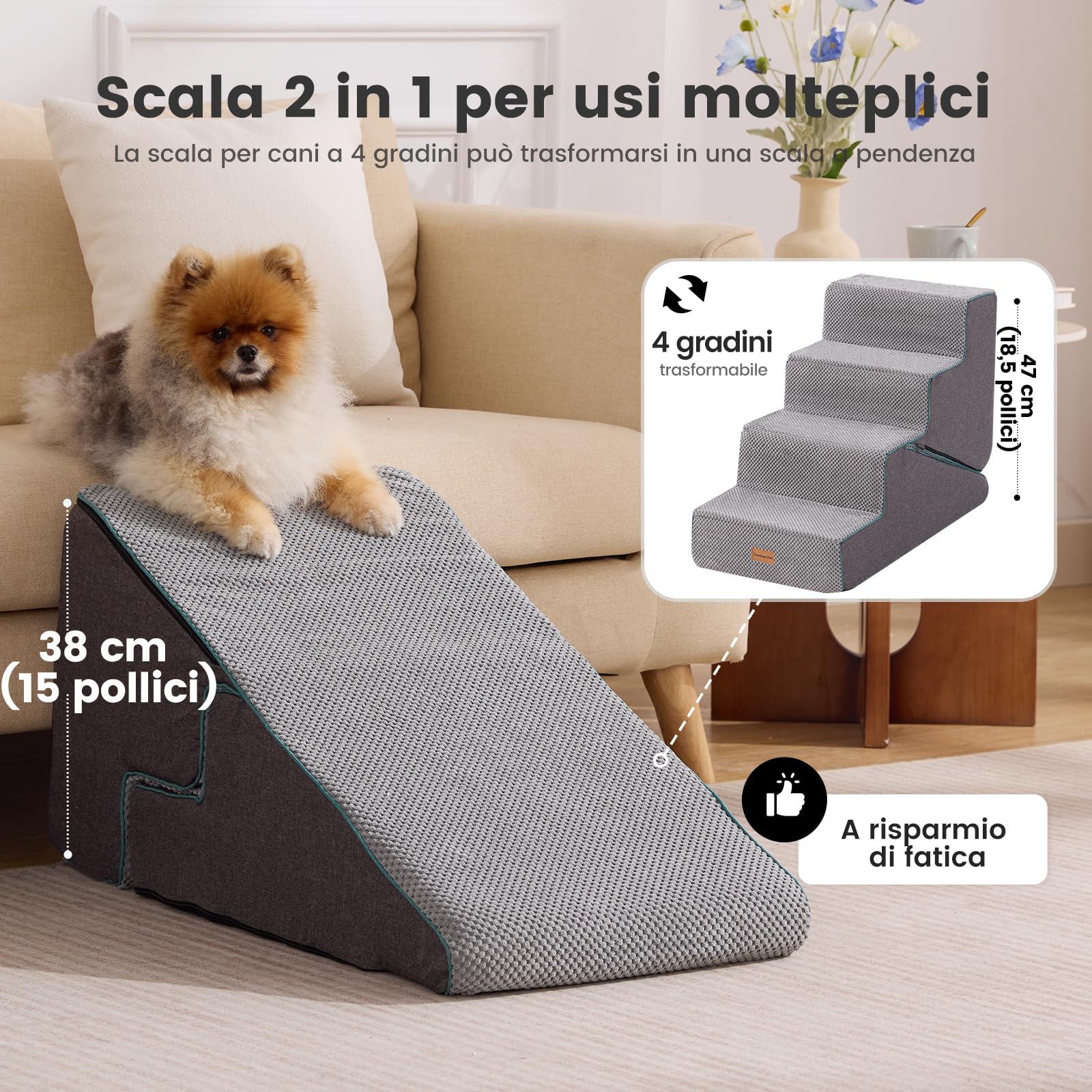 Gardner Pet scala 2-in-1 per cani piccoli, scala per cane a 4 gradini, rampe per cani in schiuma con rivestimento impermeabile e antiscivolo per letto, divano, poltrona e auto, grigio