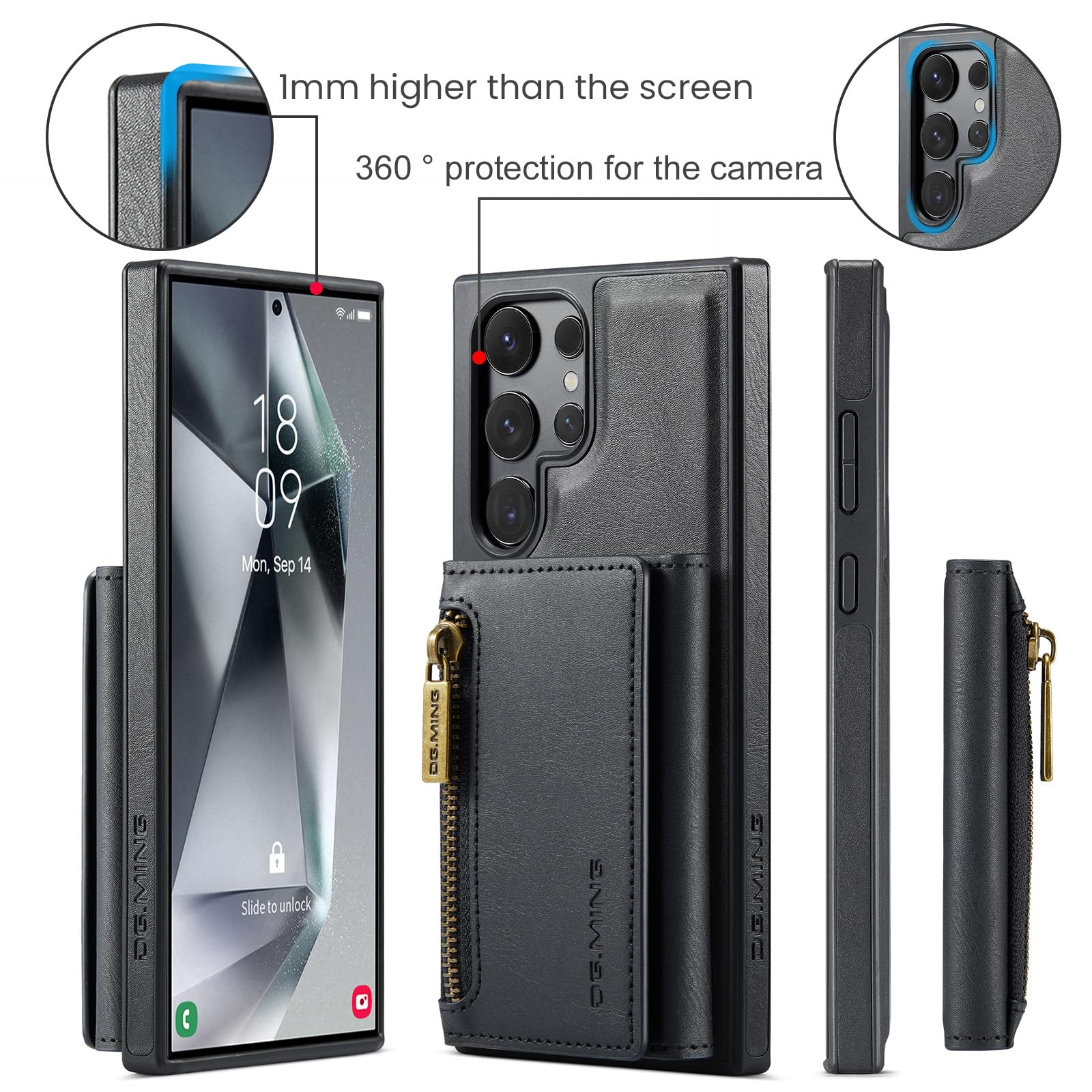 Custodia a portafoglio 2 in 1 per iPhone 14 Pro, custodia in pelle opaca con cerniera, staccabile, con fibbia a cinturino - Nero
