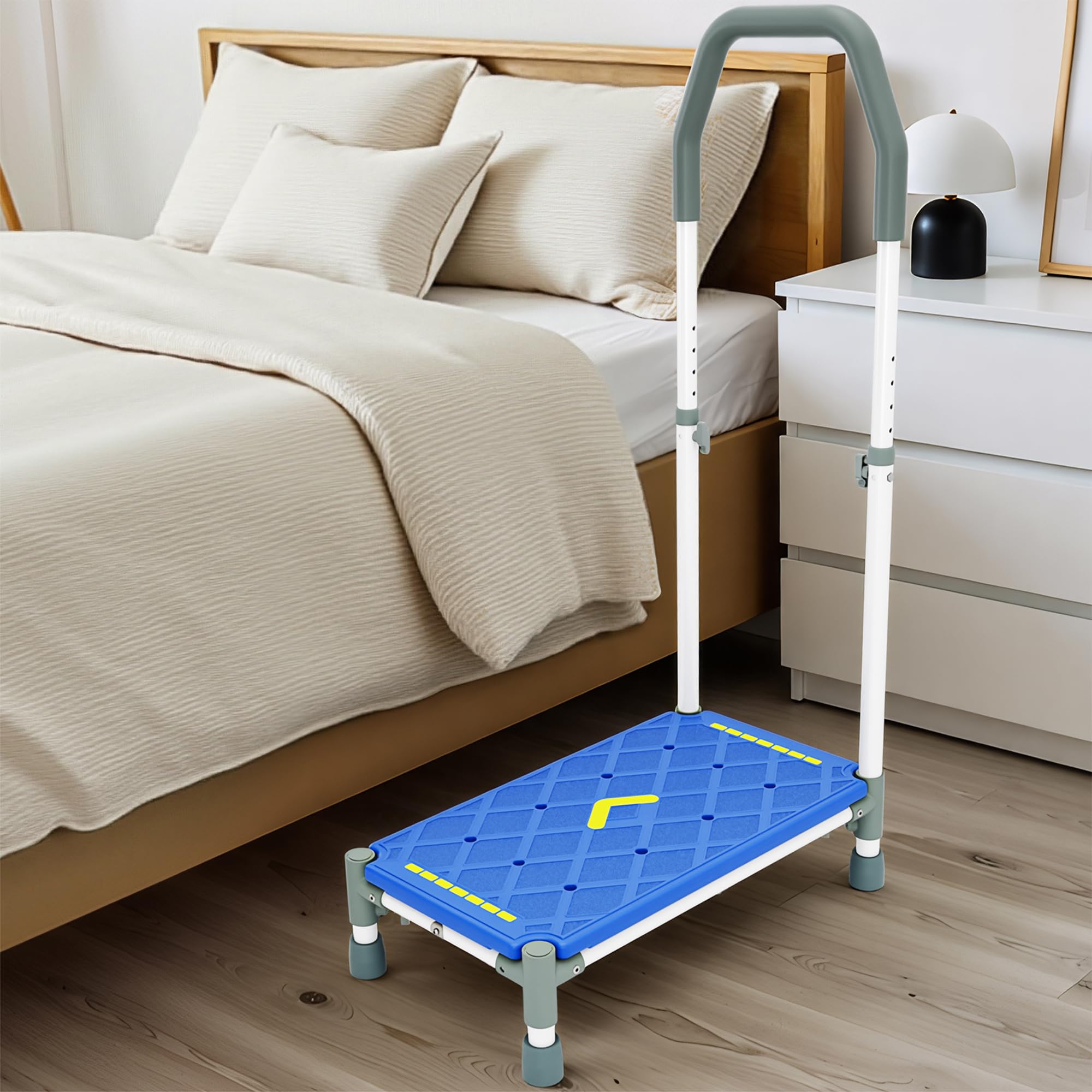 Sgabello Gradino con Pedata 55 cm – Braccioli regolabili in altezza,portata 225 kg,strisce luminescenti e antiscivolo –Ideale per letti alti,camper,cucina,bagno e anziani