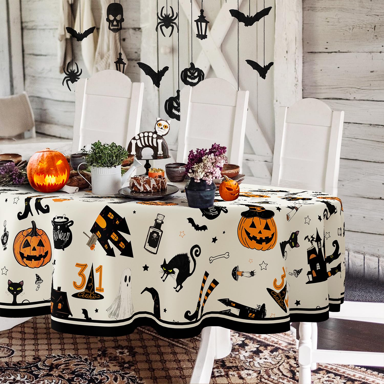 Yighty Oval Halloween Tablecloth 60x102In,Horror Pumpkin Castle Skull Tablecloth,Polyester Waterproof Wrinkle-Resistant and Durable Table Cloth,