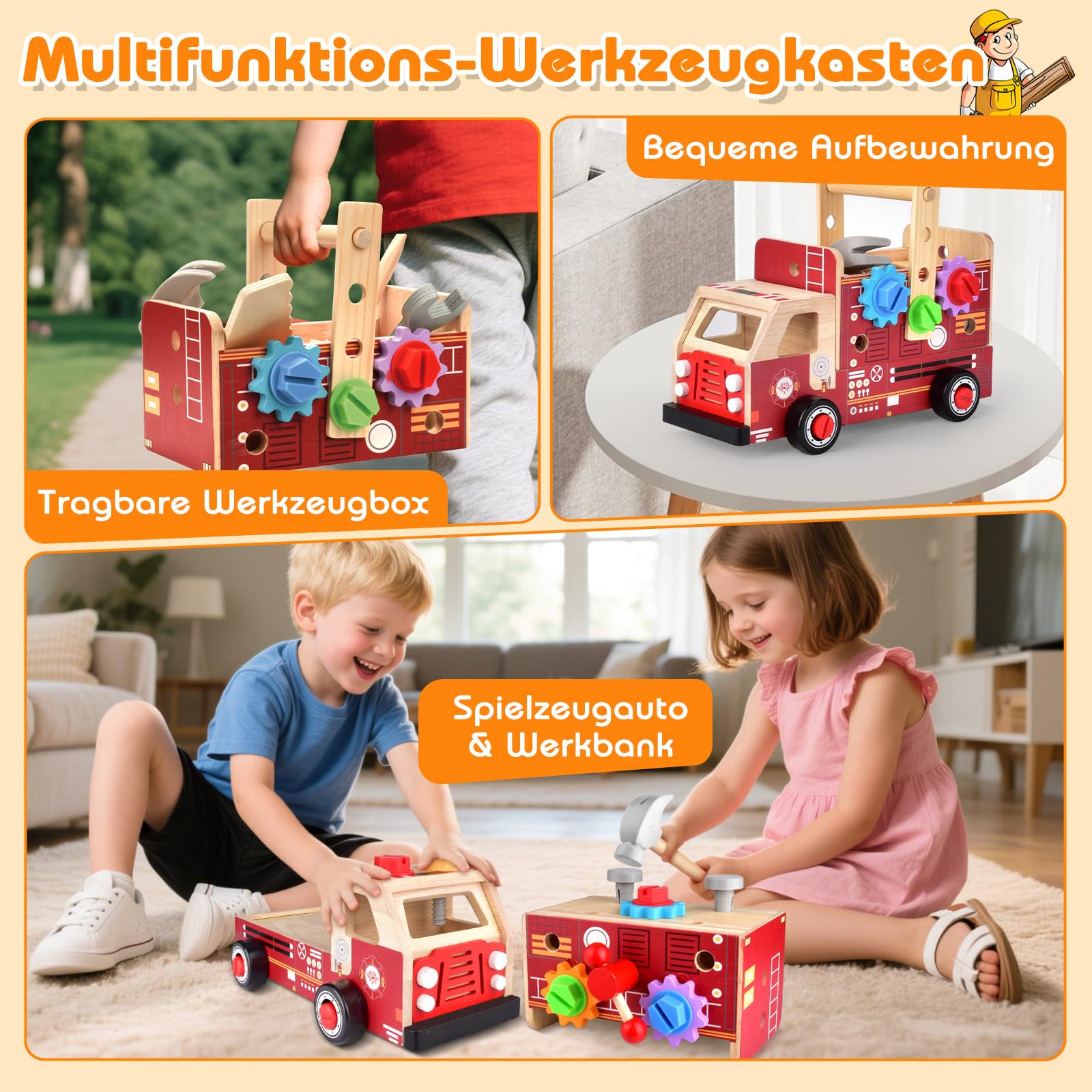 Nauotk Werkzeugkoffer Kinder Werkbank, 2 in 1 Feuerwehrfahrzeug aus Holz und Werkzeug Kinder, Montessori Holzspielzeug Spielzeug ab 2 3 4 5 Jahre, Kinderwerkzeug Werkzeugwagen, Geschenk Junge Mädchen