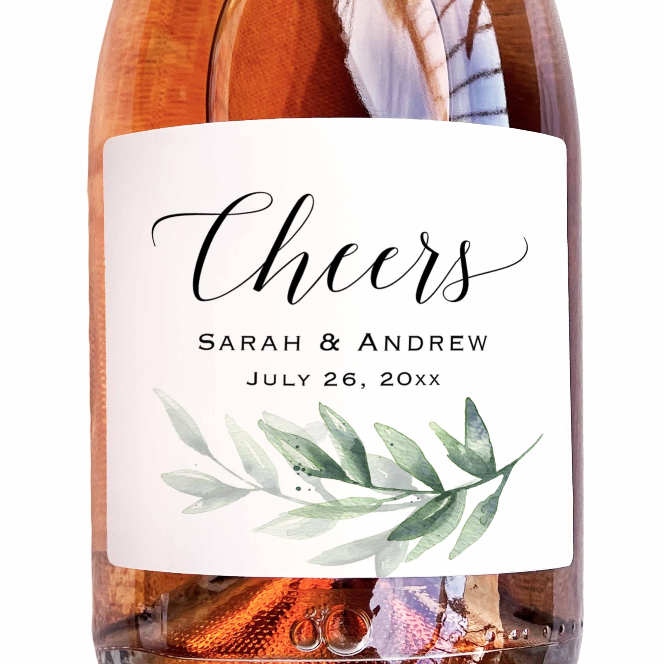 Cheers - 6 Custom Greenery Champagne Bottle Label, Waterproof Wine Bottle Sticker for Wedding Anniversary Bridal Shower Birthday Graduation Party All