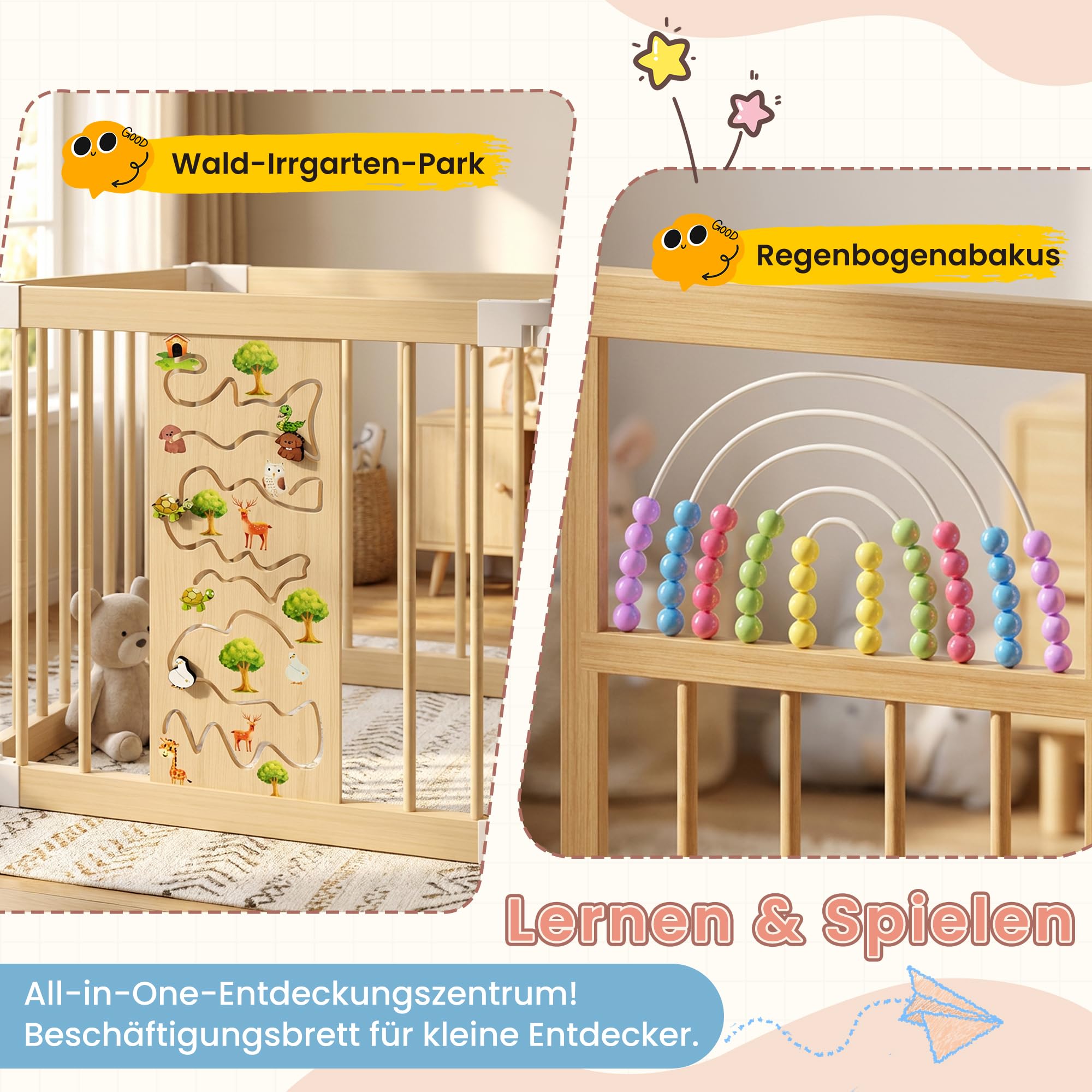 BLEKOO Laufstall Baby Holz mit Spielcenter – 140 x 140 cm Laufstall Baby Faltbar | Verstellbarer Holzlaufstall mit Spielzeug & Tor (8-teilig)