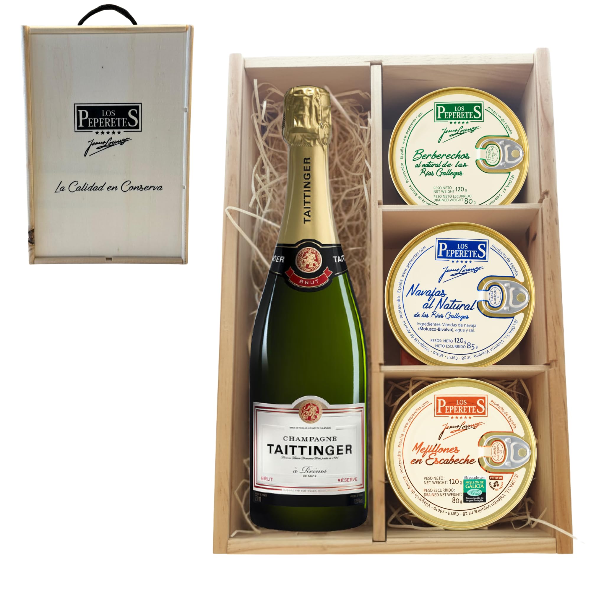 LOS PEPERETES Pack Gourmet con Champagne Taittinger | Berberechos ×2 · Navajas ×2 · Mejillones Escabeche ×2 | Selección Delicatessen Gallega