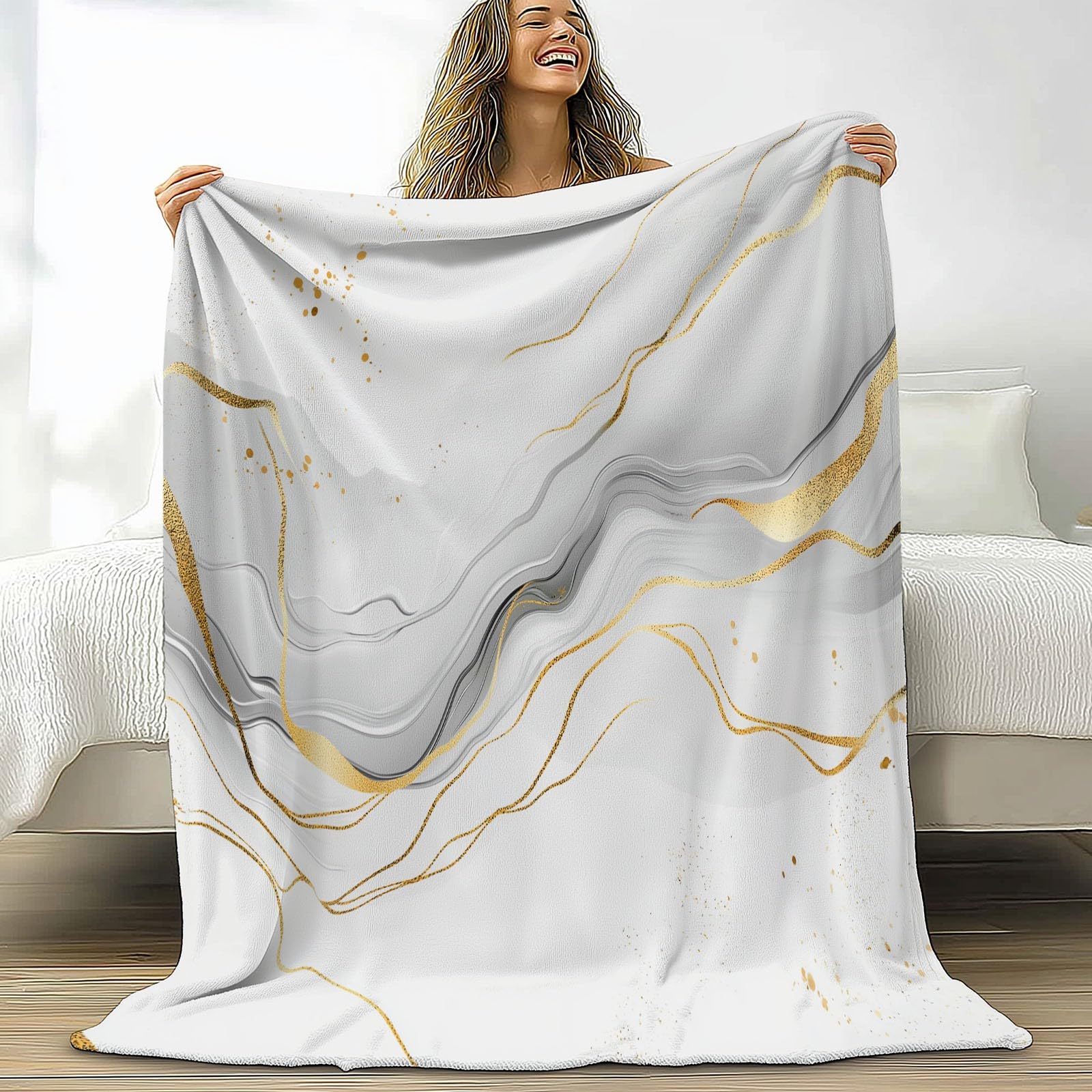 Flanelowy koc 180 x 220 cm Tekstura Złote linie Marmur Puszysty kolor Ciepły koc polarowy z mikrofibry, lekkie białe koce na cały sezon do podróży Łóżko Sofa