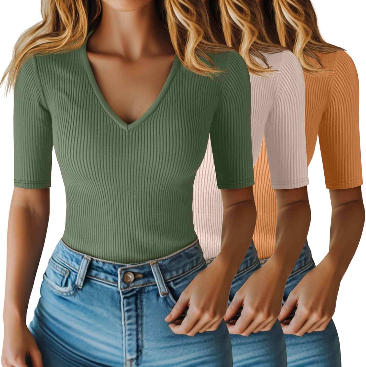 Riyiper 3 Pack Women's Half Sleeve Top Elbow Length Ribbed Cotton T Shirt Women V Neck Summer Tee Slim Fit Casual Blouses