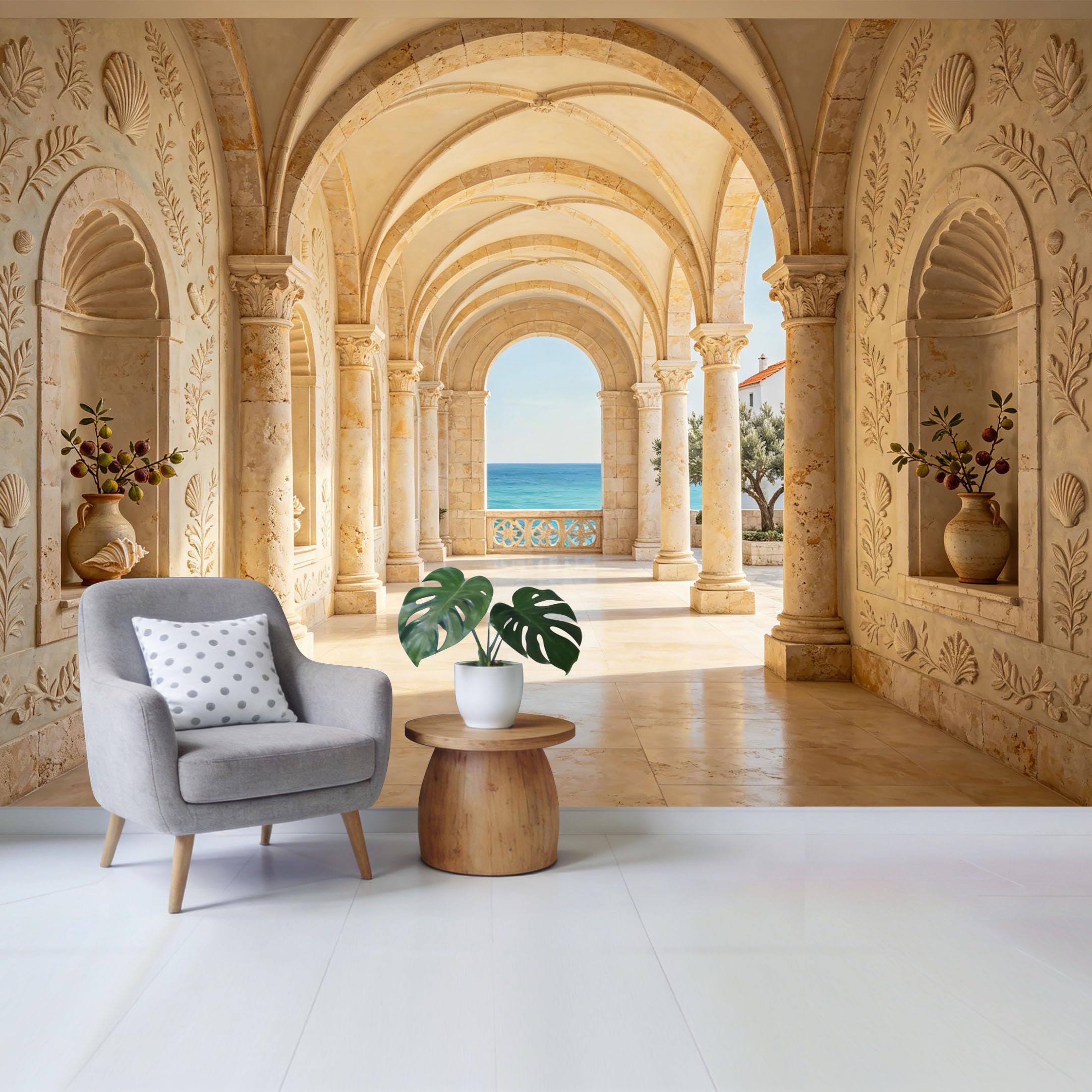 Removable Self Adhesive Fabric Mural， Mediterranean Coastal Stone Archway Custom Size Wall Covering， UV Protected Waterproof Washable Wall Decor for Living Room Bedroom Bathroom