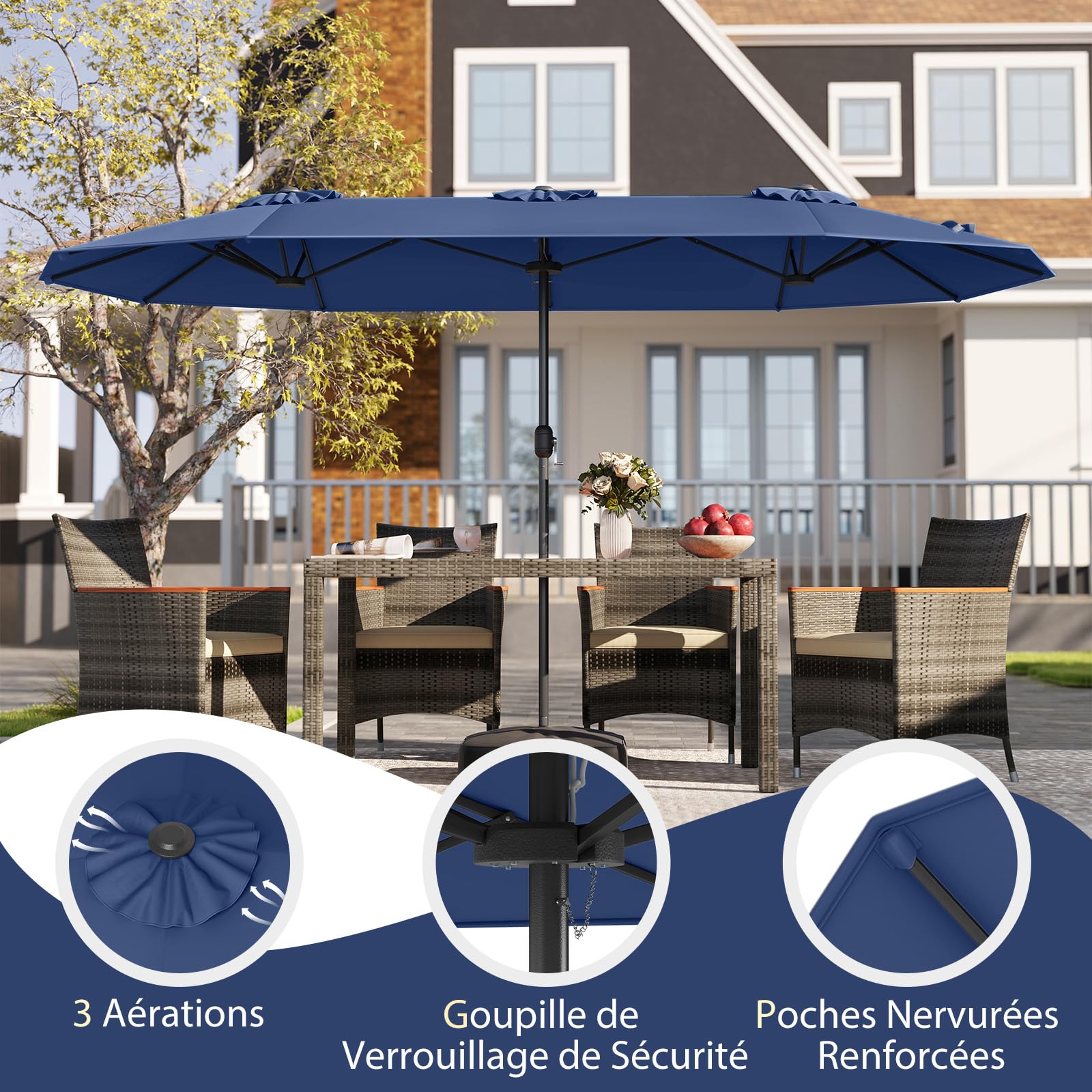 RELAX4LIFE Grand Parasol de Jardin Extérieur avec Pied | Parasol Double Terrasse à 12 Baleines | Manivelle | Polyester Résistant | Verrou de Sécurité | Protection UV pour Piscine Patio Marché (Marine)