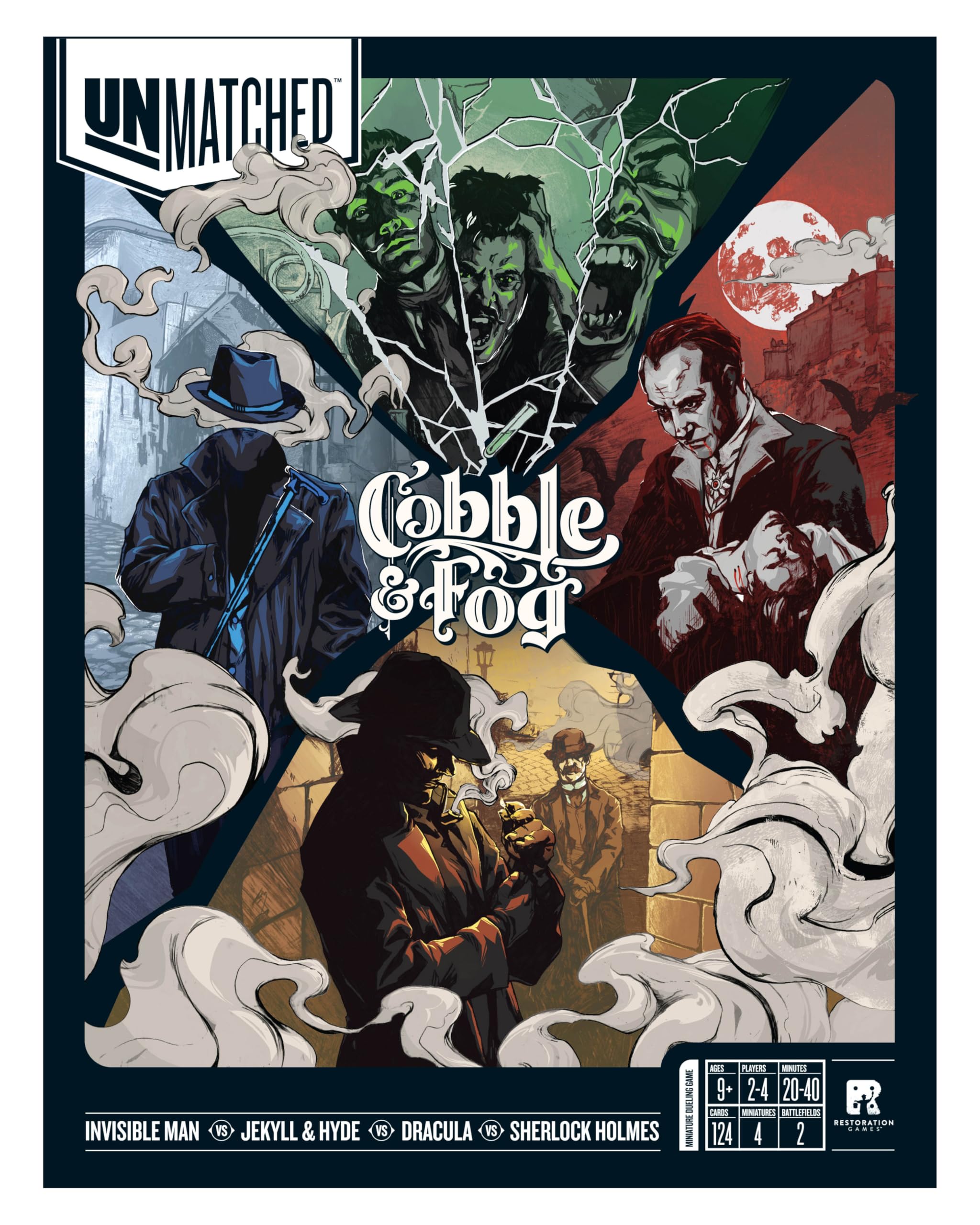 Restoration Games Unmatched Cobble & Fog - Strategy Board Game for 2 to 4 Players - Heroes Expansion with Sherlock Holmes, Dracula, Jekyll & Hyde, and Invisible Man - 20-40 Min Playtime - Ages 9+