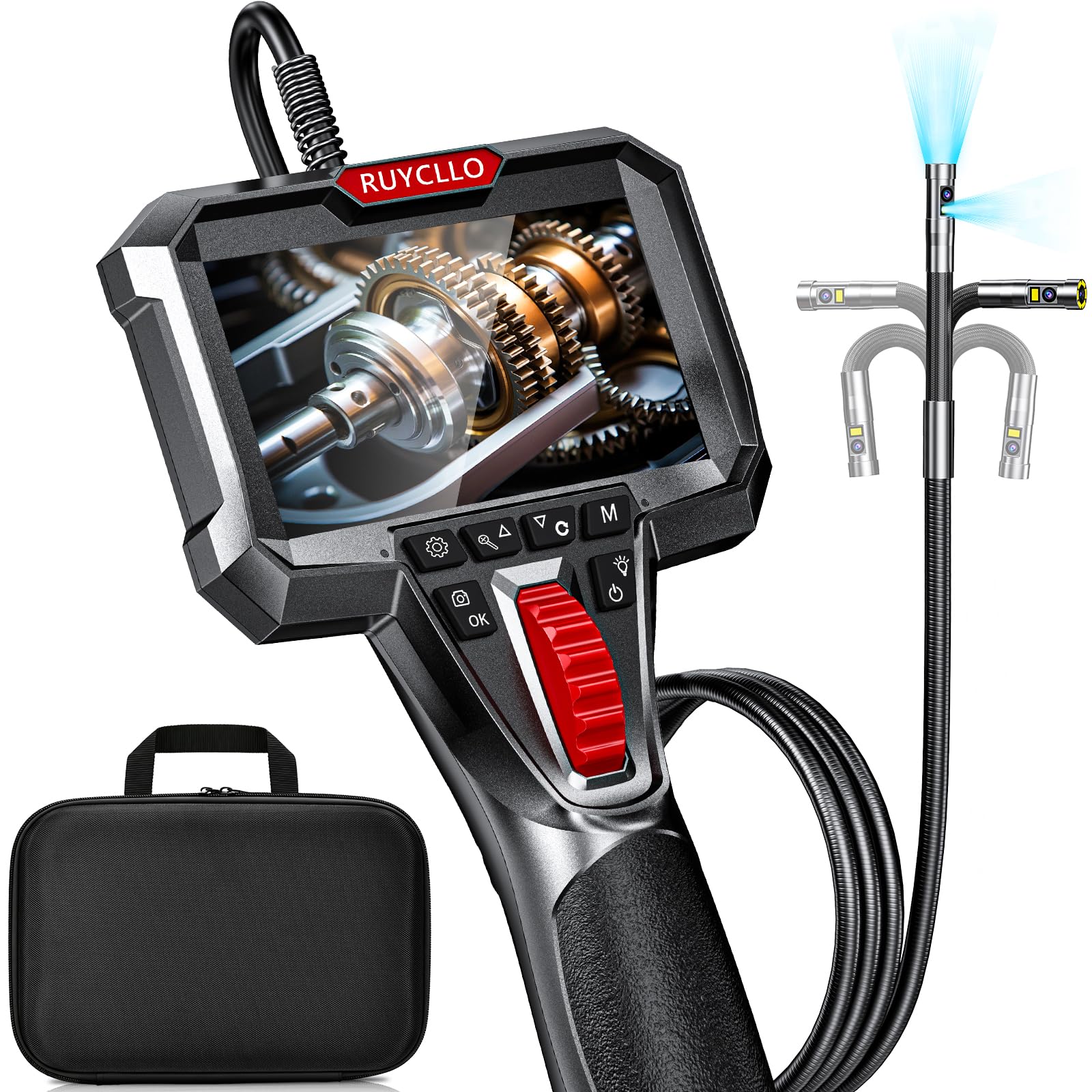 Lente Doble Endoscopio Industrial con Pantalla 4,3" y Cámara 1920P, Cámara Endoscópica con Luz LED, Sonda Ø6,5 mm Articulada 210°, IP67, Tarjeta SD 32 GB Incluida – Coches y Mantenimiento Técnico