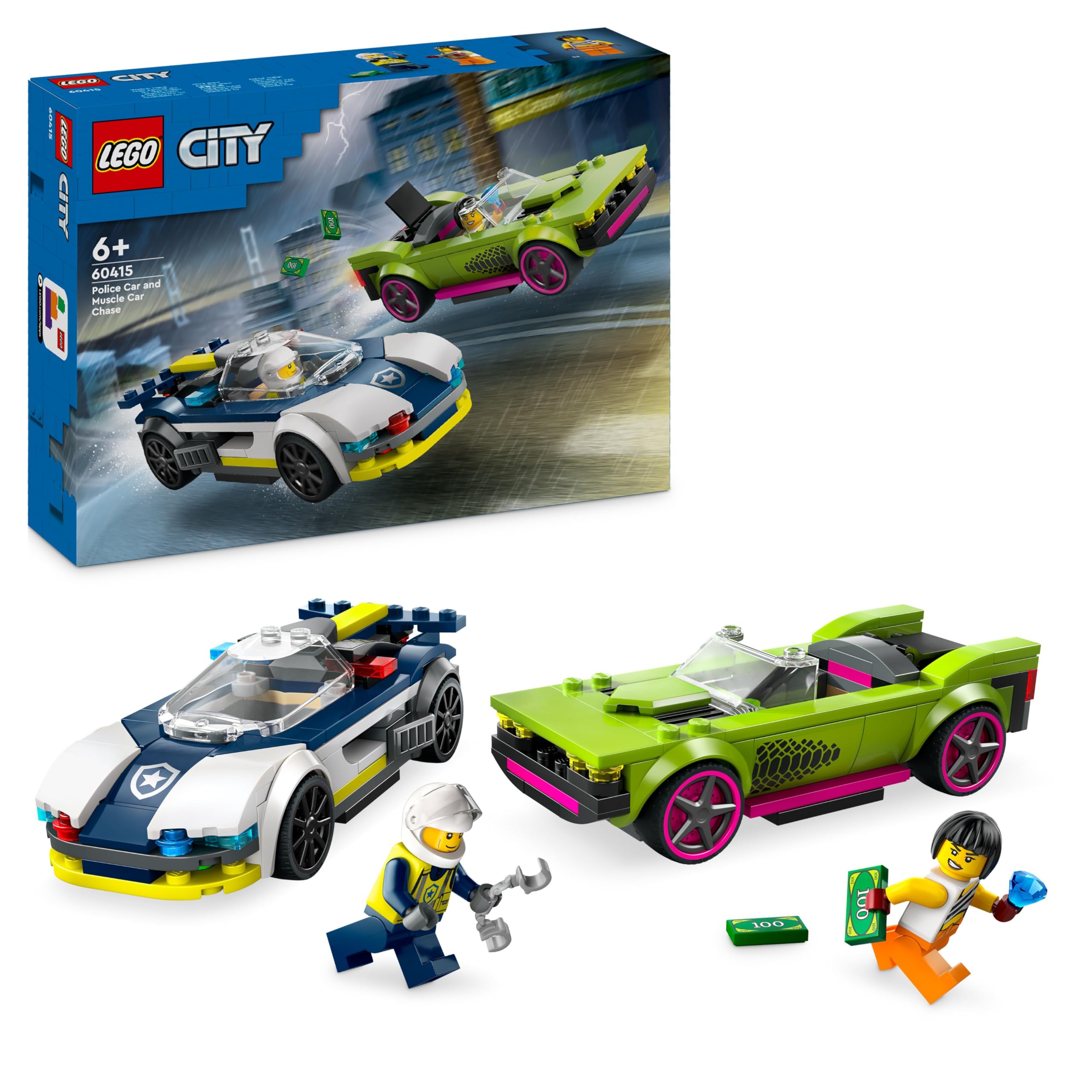 City Police Car and Muscle Car Chase, Racing Vehicle Toys for 6 Plus Year Old Boys & Girls, Fun Gift for Kids Who Love Pretend Play, Includes Officer and Crook Minifigures 60415