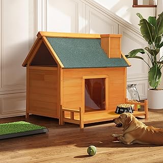 Wooden Dog House, Indoor Outdoor Pet Shelter with Platform, PVC Curtain, Door, Asphalt Roof, Pet House for Small to Medium Sized Dogs