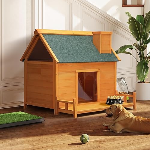 Wooden Dog House, Indoor Outdoor Pet Shelter with Platform, PVC Curtain, Door, Asphalt Roof, Pet House for Small to Medium Sized Dogs