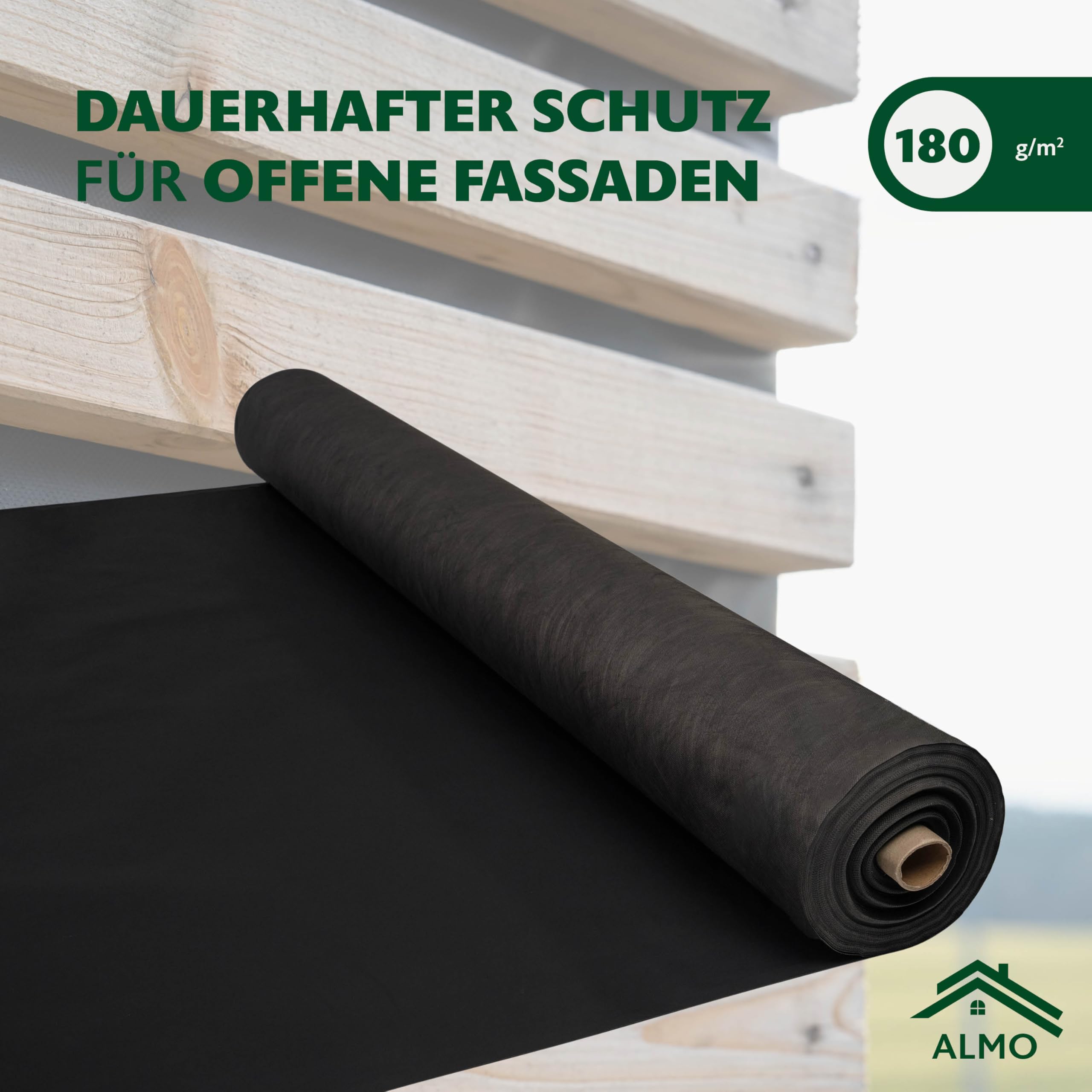 ALMO schwarze UV Fassadenbahn 15m² (1,5 x 10m), 180g/m², Diffusionsoffen, Brandklasse B, Hitzebeständig bis zu 150°C, dauerhaft UV-beständig ohne Selbstklebestreifen