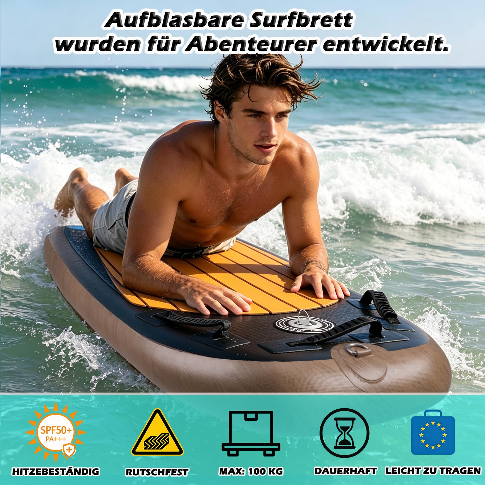 Aufblasbares Bodyboard 105x53x10cm, 3 Griffe für bessere Kontrolle, 2 Seitenflossen für Stabilität, Eva Anti-Rutsch-Oberfläche, inkl. Sicherheitsleine, Pumpe & Tragetasche, max. Belastung 100 kg