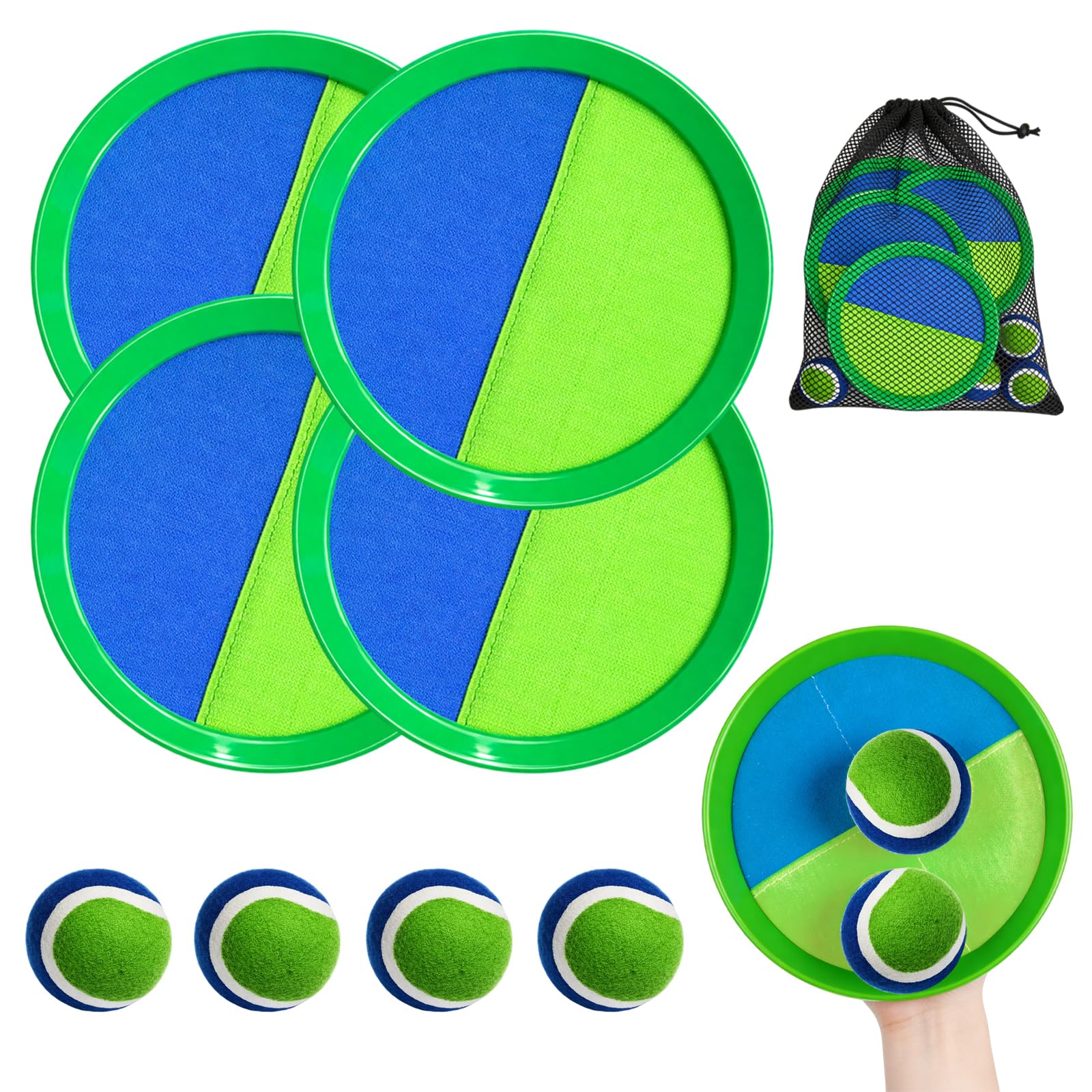 Toss and Catch Ball Game Outdoor Toys for Kids, Beach Toys with 4 Paddles 4 Balls, Sticky Catch Game Set with Storage Bag, Garden Lawn Pool Family Games for Kids Adults