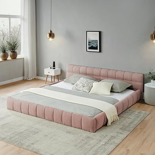 Miniatura 26 de Base de cama tapizada tamaño California King con tela de felpilla gruesa, cama de plataforma con cabecero copetudo, marco de madera maciza, diseño