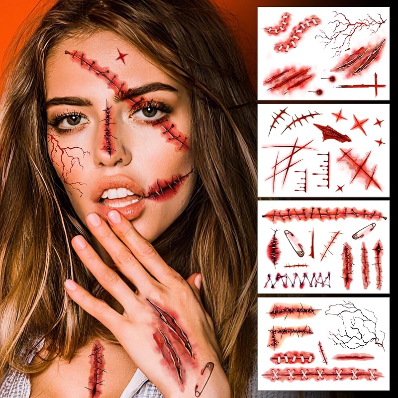 Halloween Zombies Fake Scars Temporary Tattoos, Makeup Kit for Adults | Halloween Chucky Vampire Costumes Decorations, Festival Cosplay Party Outfits Accessories, Horror Movie Large Wound Tattoo