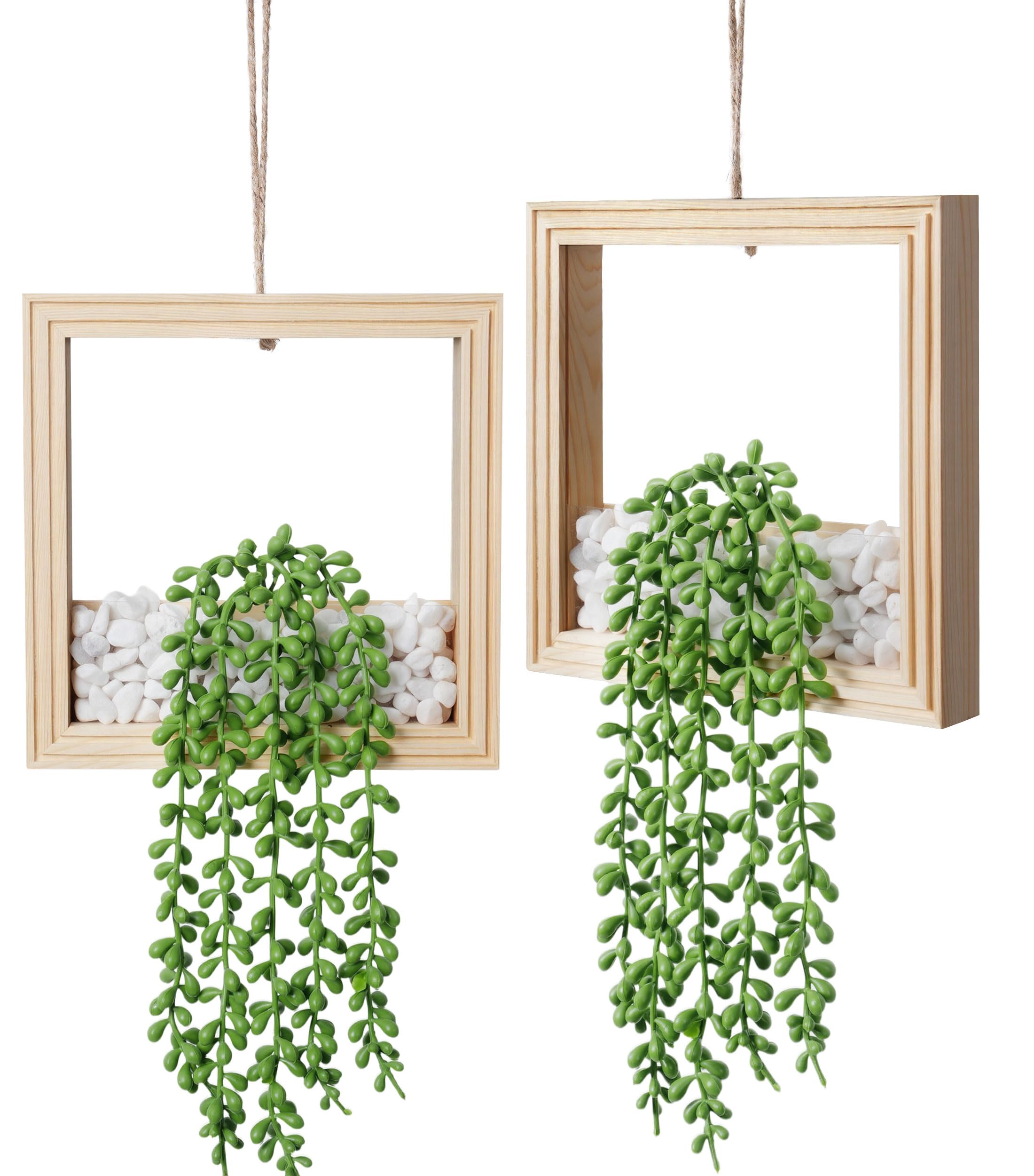 Photo 1 of 2 Pack Hanging Artificial Succulents Plants String of Tears - 7.8x7.8in Square Wooden Frame Vase with Stones & 2 LED Fairy Lights (On/Off Switch), Boho Decor for Indoor Outdoor Wall (Natural Wood)