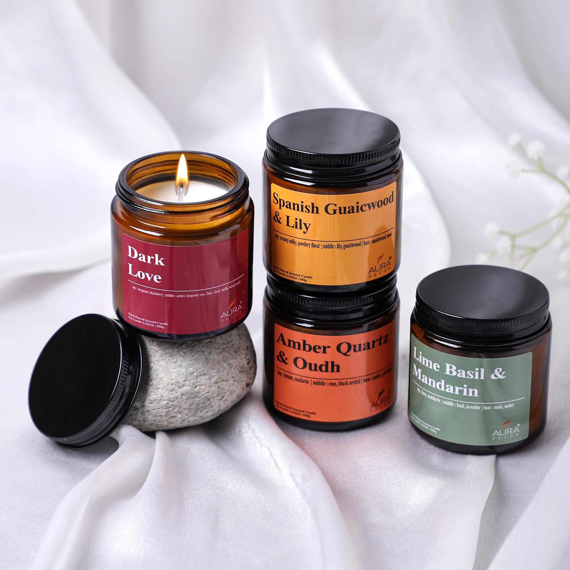 AuraDecor Scented Soy Wax Amber Jar Candle Set of 4, Organic Luxury Aroma, Aromatic/Aromatherapy Votive Candle || Burning Time Upto 30 Hours (Aromatherapy, Gift Set (Type 1)) 1