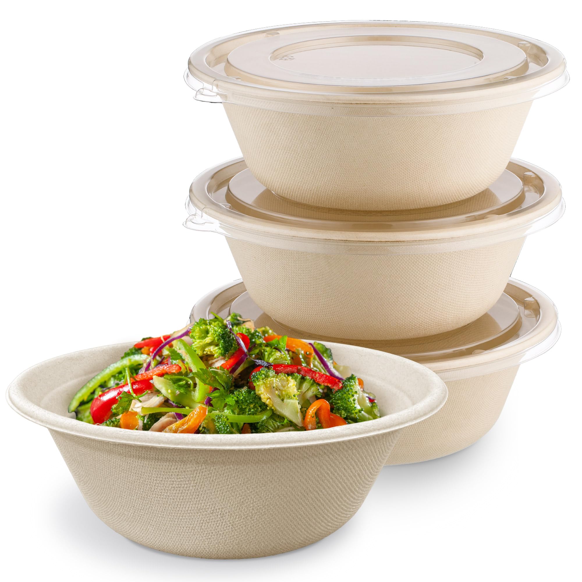 [500 COUNT]Harvest Pack PFAS FREE 48oz Round Compostable Paper Bowls with Flat Lids - Heavy-Duty Eco-Friendly Disposable Bagasse Large Soup Bowls Sugarcane made plant fibers for Meal Prep