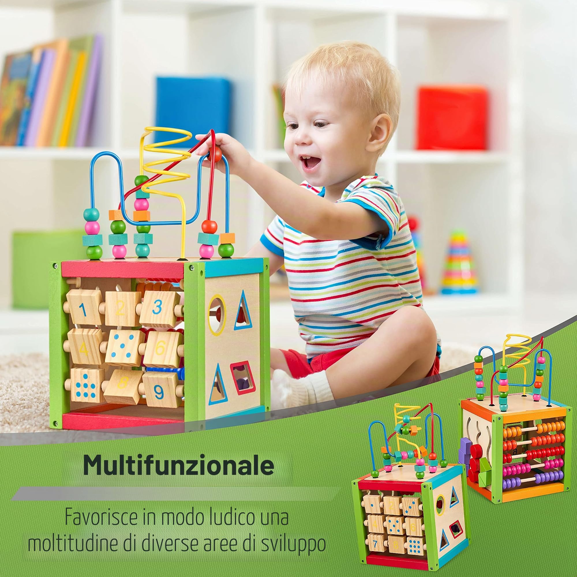 BALINCO Motor Cube, Cubo di attività per Bambini, 5 Lati con Labirinto di Perline, Abaco, Forme a pioli, Blocchi numerici, Labirinto Scorrevole, Giocattolo in Legno a Partire da 6 Mesi