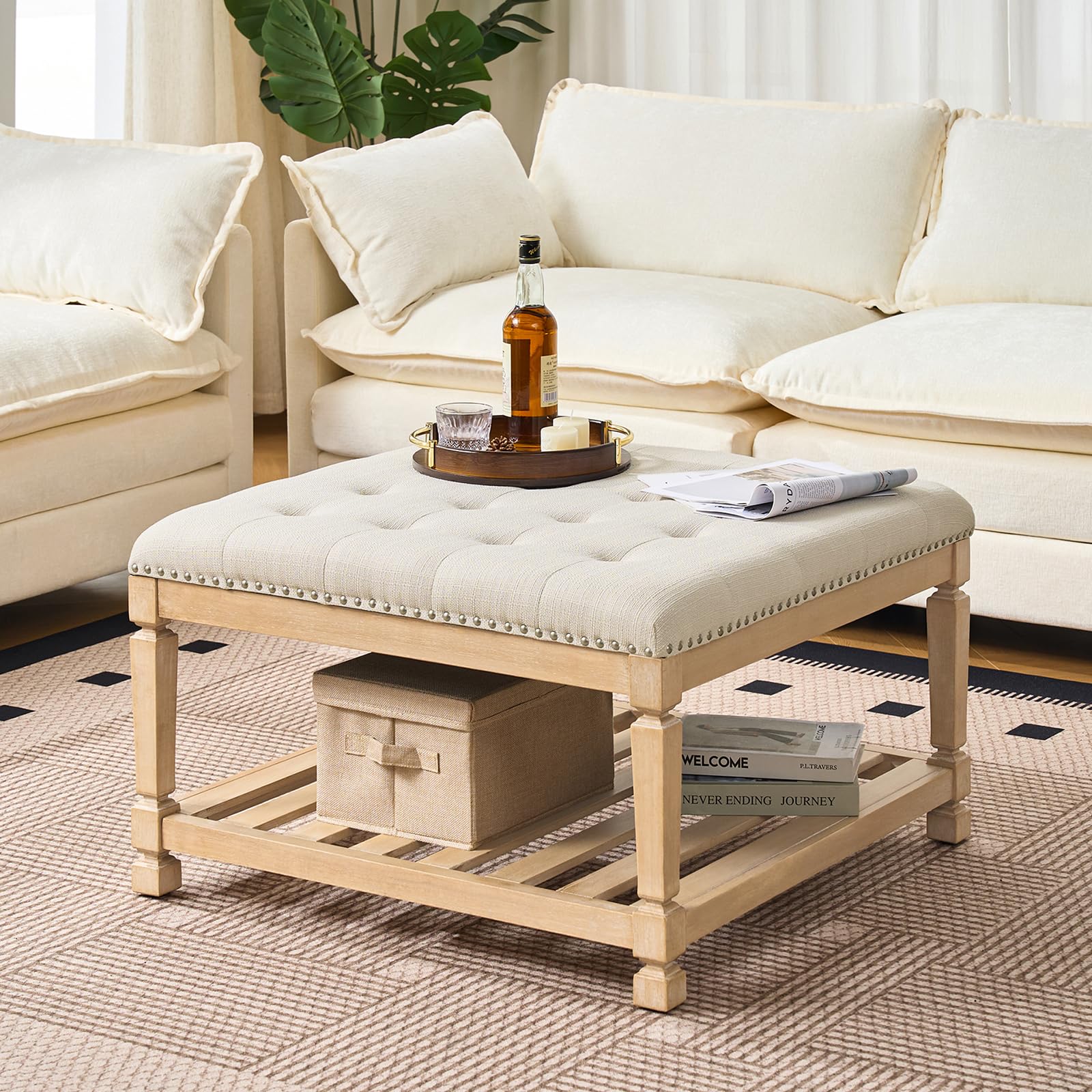 Befurtori Large Square Ottoman Coffee Table, Linen Solid Upholstered Footrest Ottoman with Solid Wood Shelf Storage Tufted Coffee Table for Bedroom