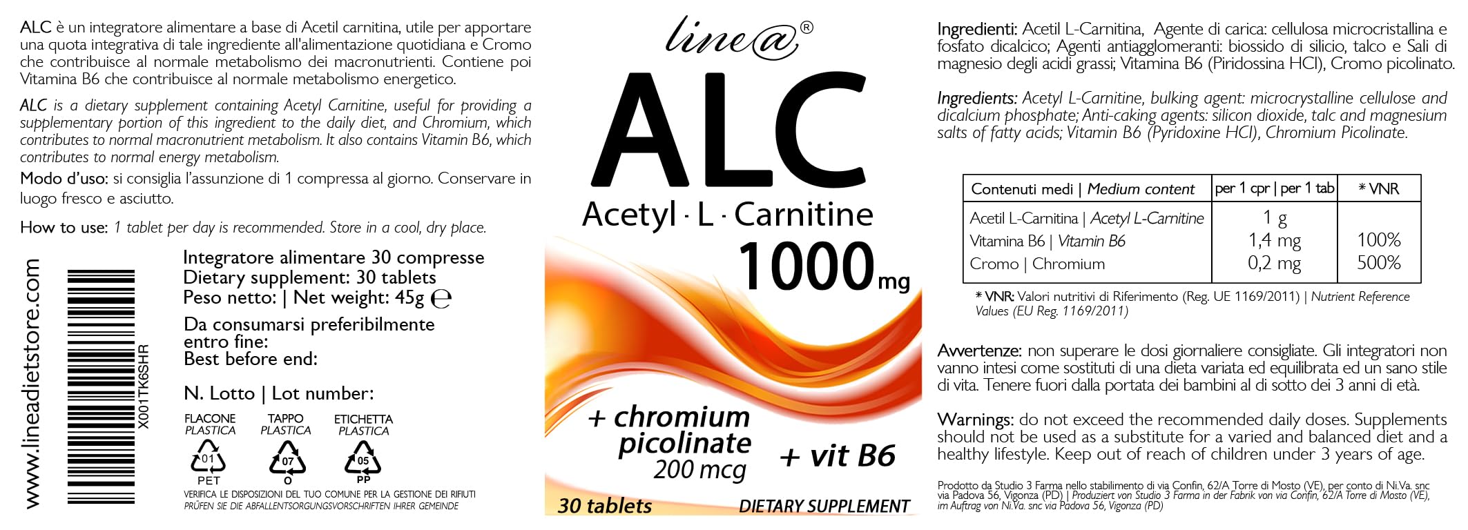Acetil-L-Carnitina + VITAMINA B6 + CROMO Line@diet | 30 compresse per 1 mese | 1000 mg