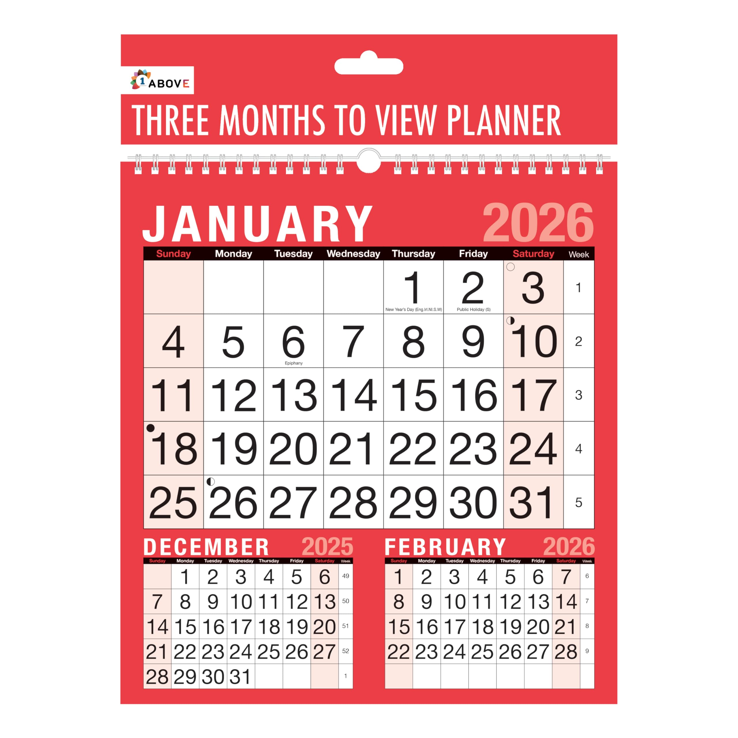 2026 Wall Calendar – 3 Months to View Spiral Bound Planner with Holidays & Notable Dates | Monthly Wall Planner for Home, Office, Business or School