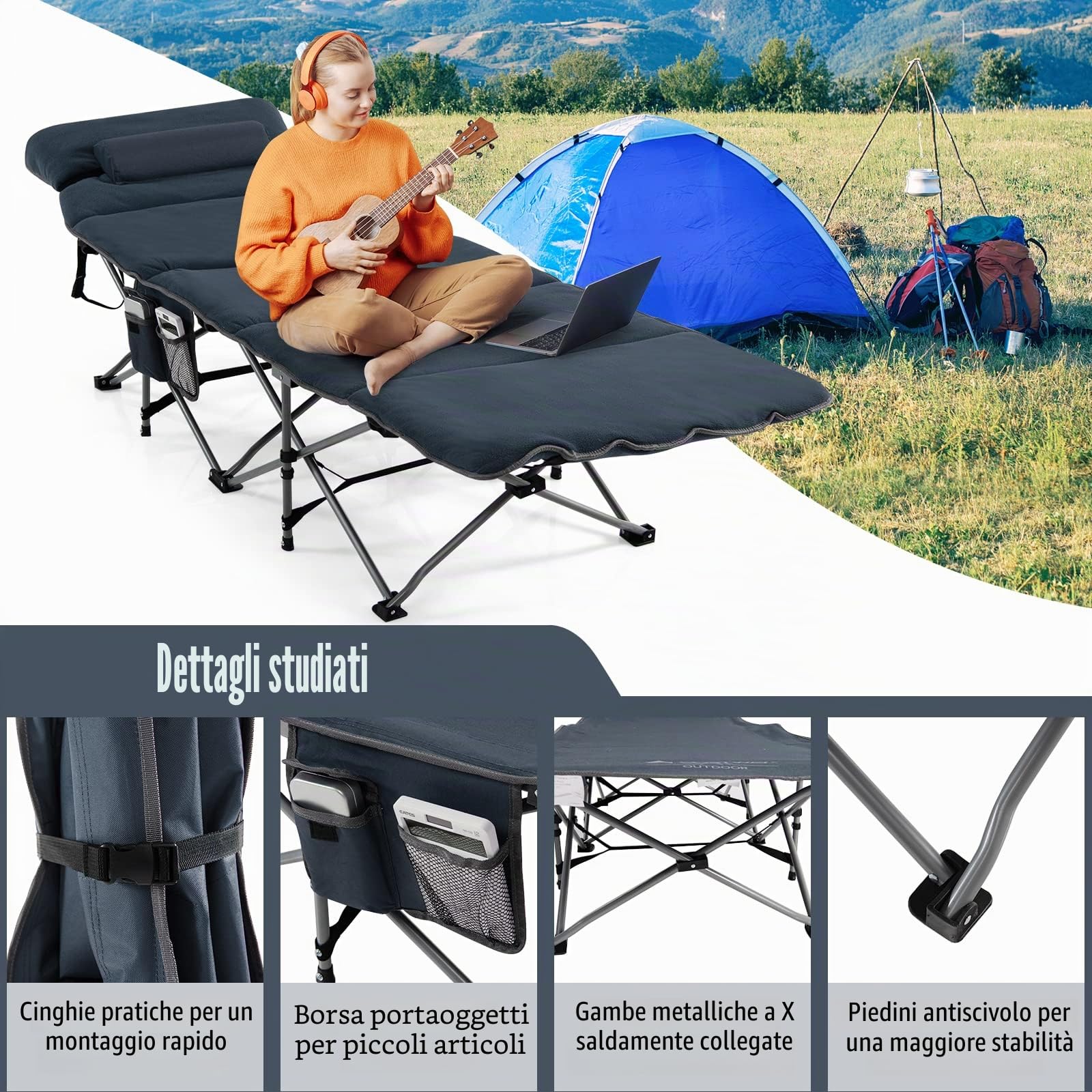 KOMFOTTEU Lettino da campeggio pieghevole 190 x 67 x 50 cm, letto da campeggio con materasso rimovibile e cuscino, lettino da campeggio con borsa per il trasporto, antiscivolo, campeggio, viaggi,