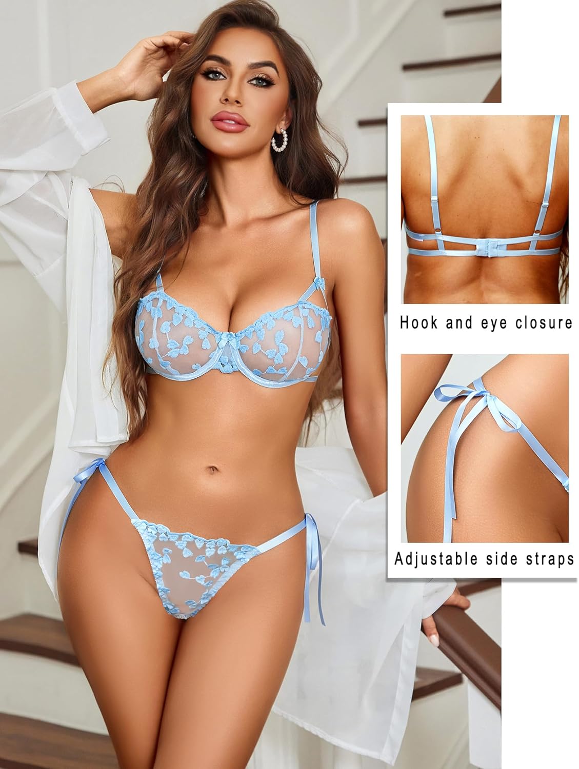 Avidlove Valentines Underwire Lingerie Sets for Women Sexy Tie Side Sheer Embroidered Bra and Panty Set - Image 4