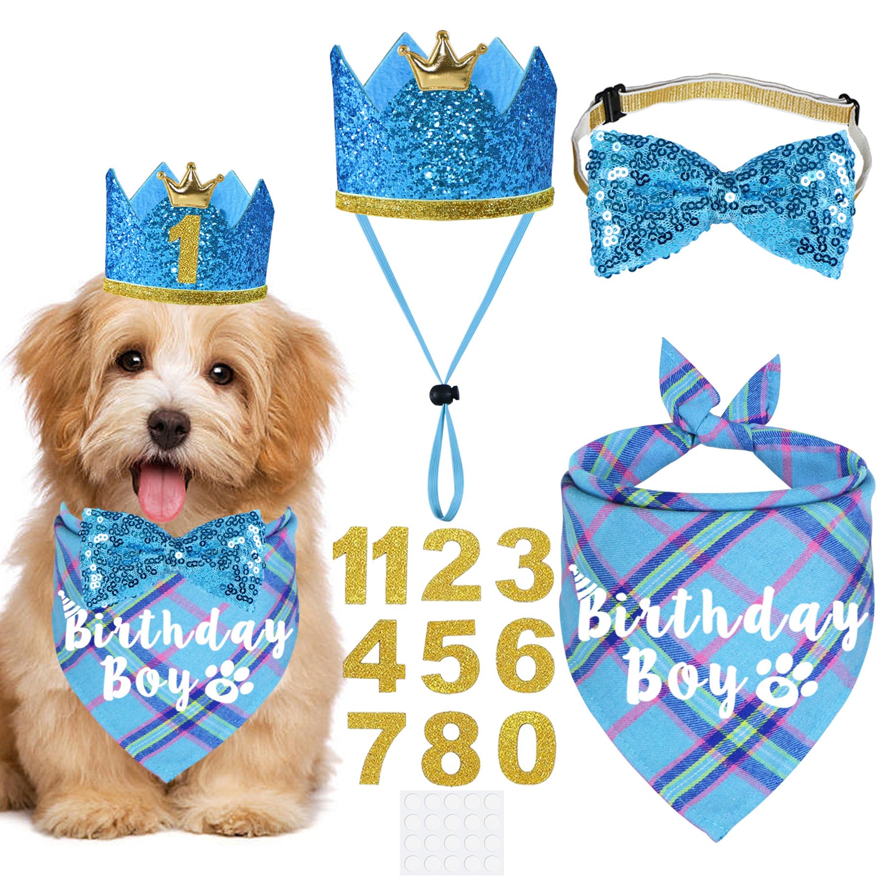 JOTFA Dog Birthday Party Supplies, Multi Sizes Dog Birthday Hat Crown with Numbers Bandana Boy Bow Tie for Small Dogs Pets (Light Blue, Small)