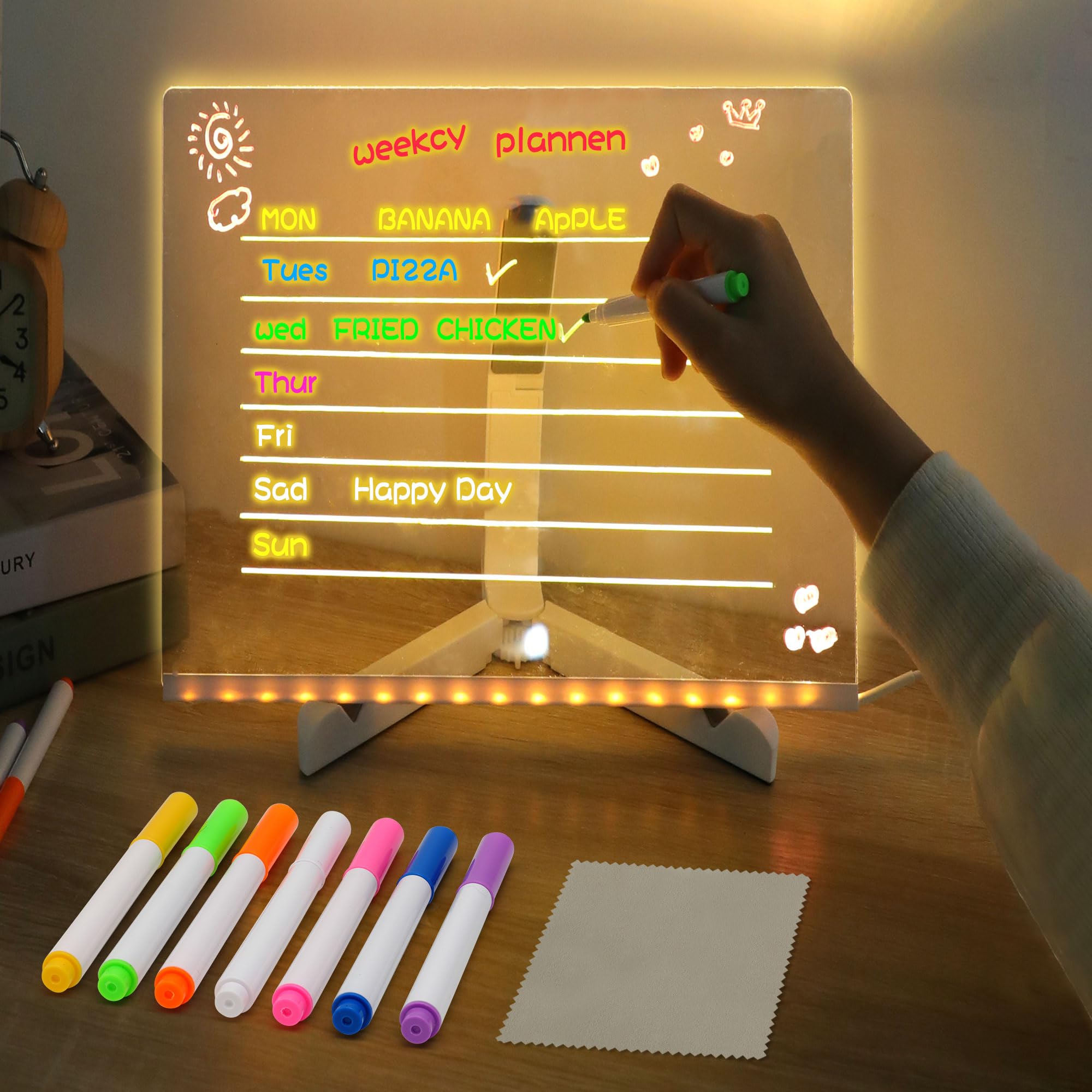 YINPAD LED Note Board with Colors, Acrylic Dry Erase Board with Light, Magical Light Board, Light Up White Board with 7 Color Pen and Adjustable Stand