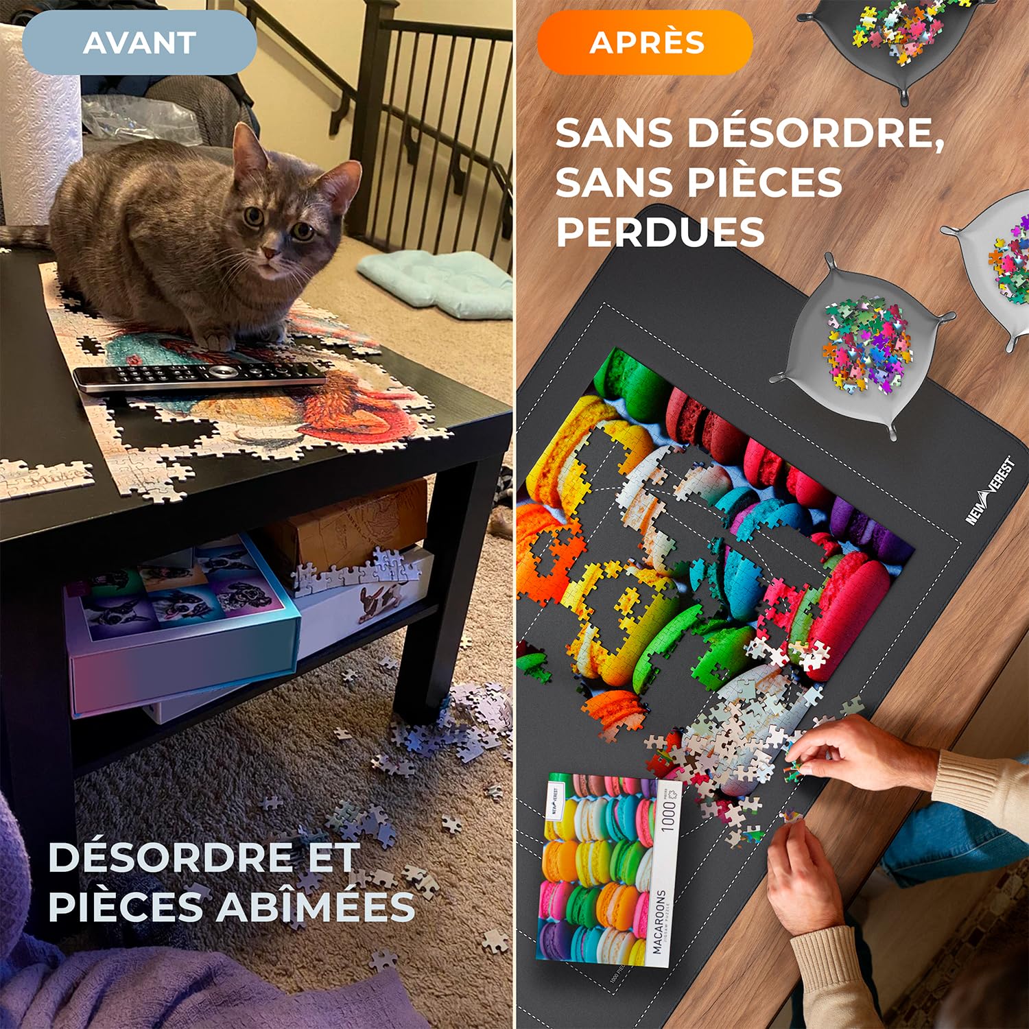 Newverest Tapis de Puzzle Enroulable Original 117 x 66 cm – Jusqu’à 1500 Pièces | Tapis antidérapant avec Surface Lisse + 3 Plateaux de tri & Sac de Rangement Portable Voyage