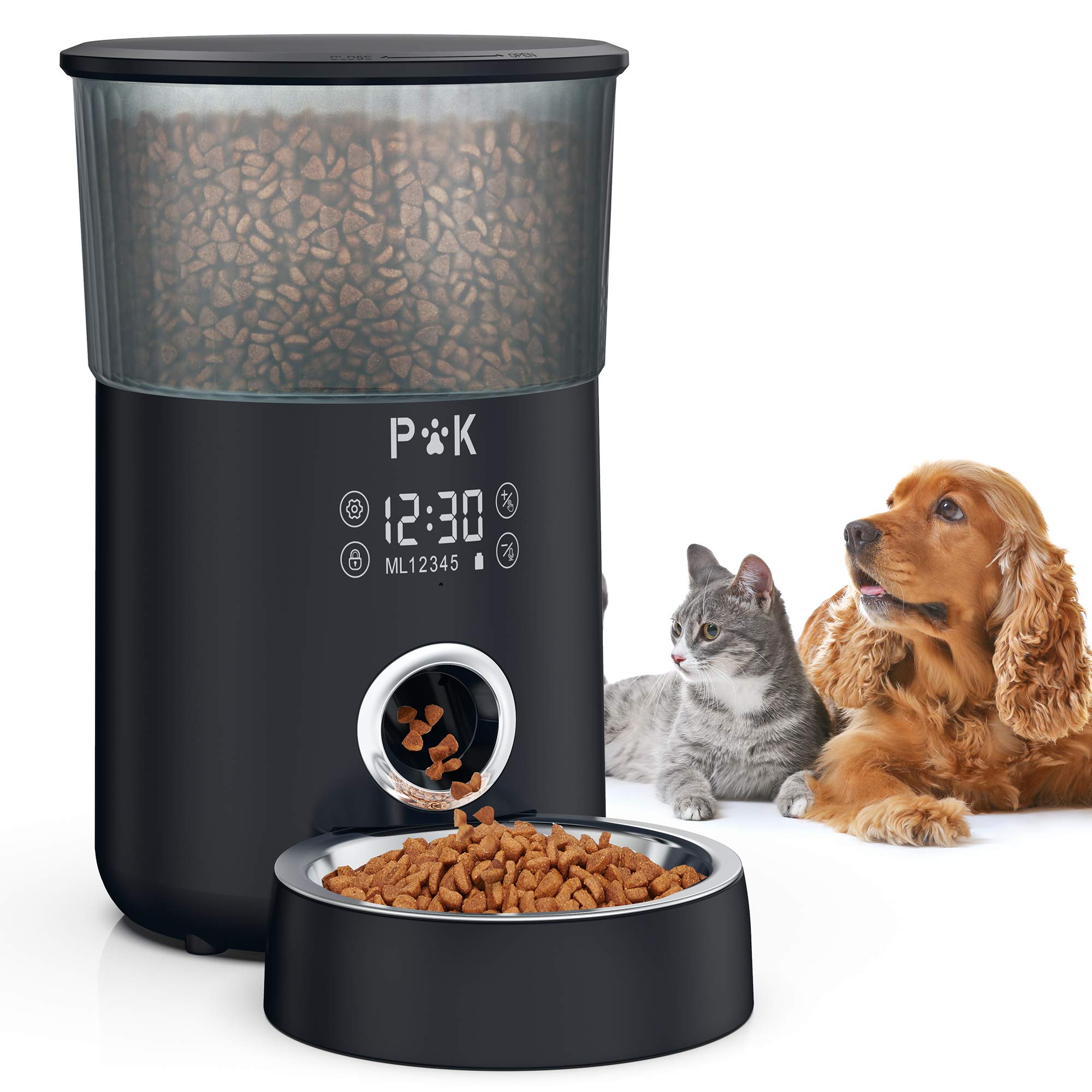PUPPY KITTY Comedero Automático Gato, M-80 Alimentador Automático Gatos, con Grabación de Voz 10S, Pantalla Táctil Programable de 1 a 5 Comidas, Cuenco de Acero Inoxidable, 4L, Negro.