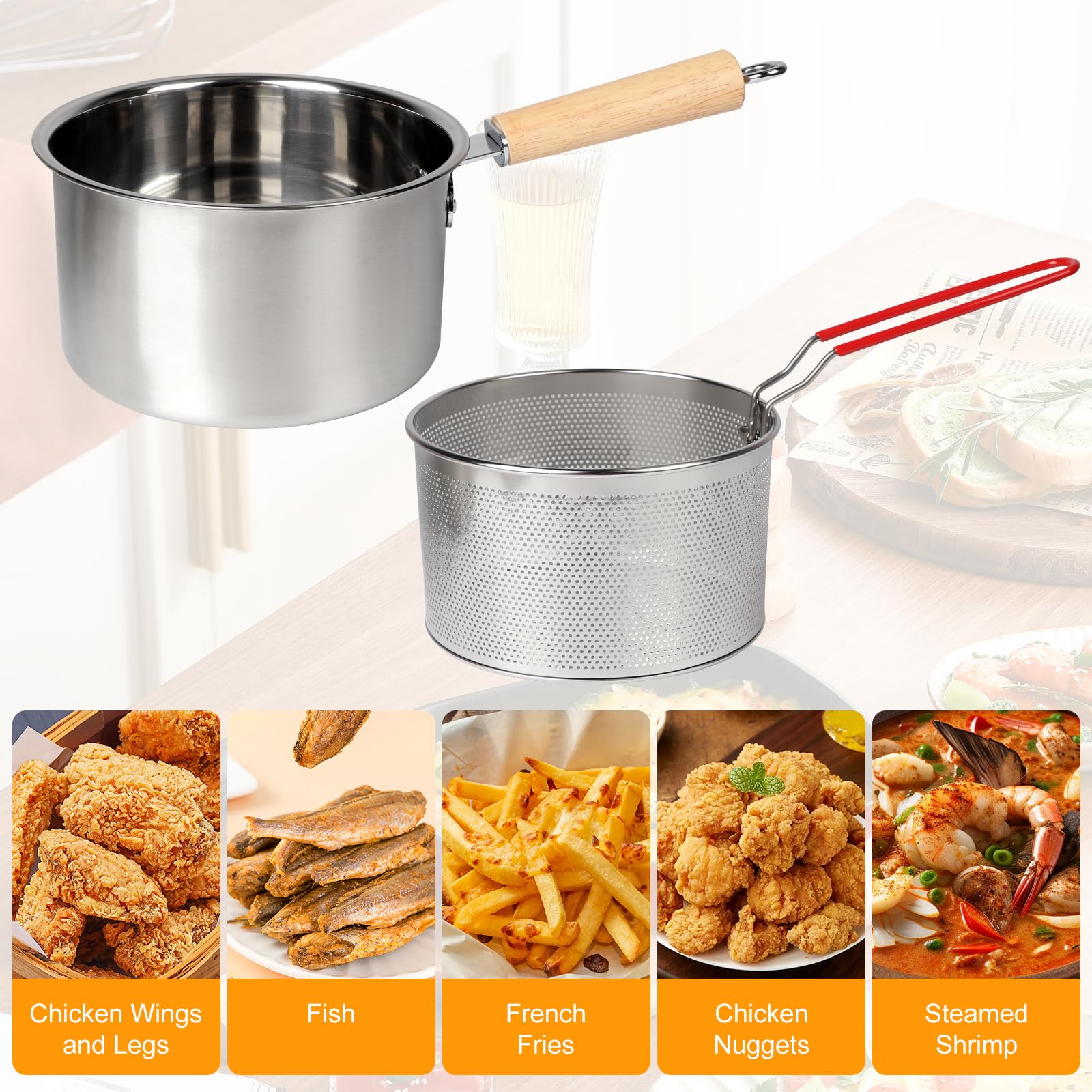 Pentolino Friggitrice con Cestello in Acciaio Inox, Friggitrice a Olio 2.5 L con Filtro Maglia e Pinza, Contenitore per Friggitrice, Adatto per Friggere, Filtrare Olio 20x10.5cm