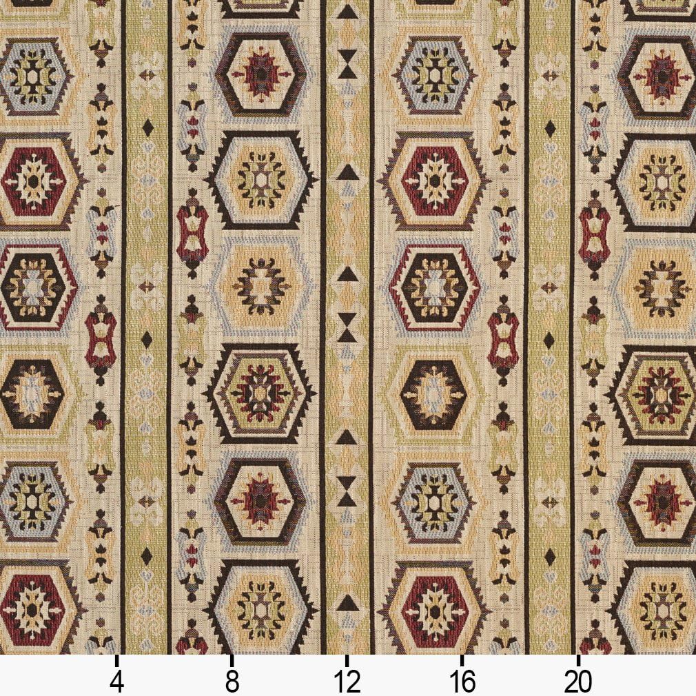 Dark Red, Light Green and Gold Woven Southwestern Geometric Stripe Upholstery Fabric by The Yard - SKU: Dolce Redstone