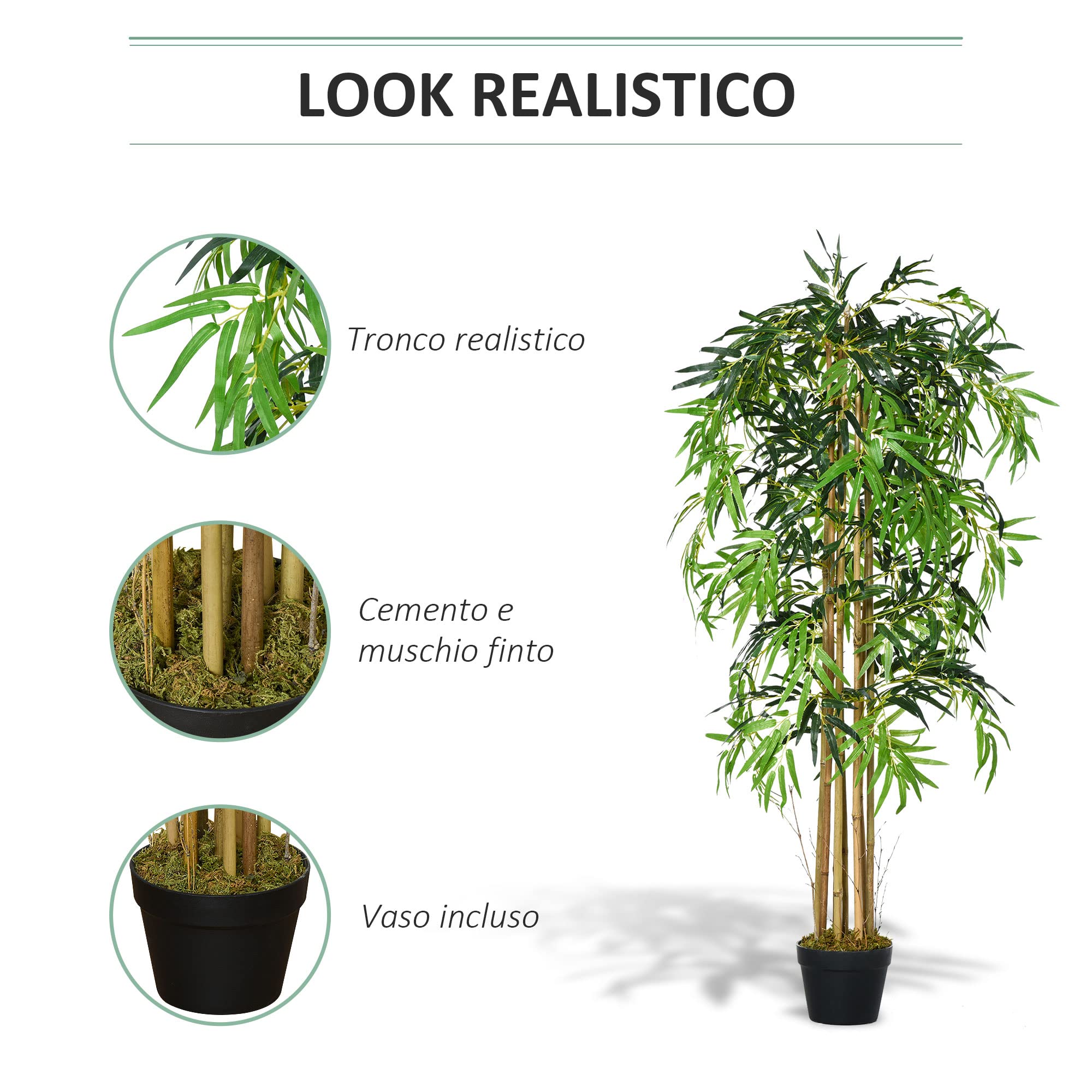 Outsunny Bambù Artificiale Alto 150cm con Vaso Pianta Artificiale Verde | da Interno, Decorativa Realistica, per Casa, Ufficio, Esterno, Giardino
