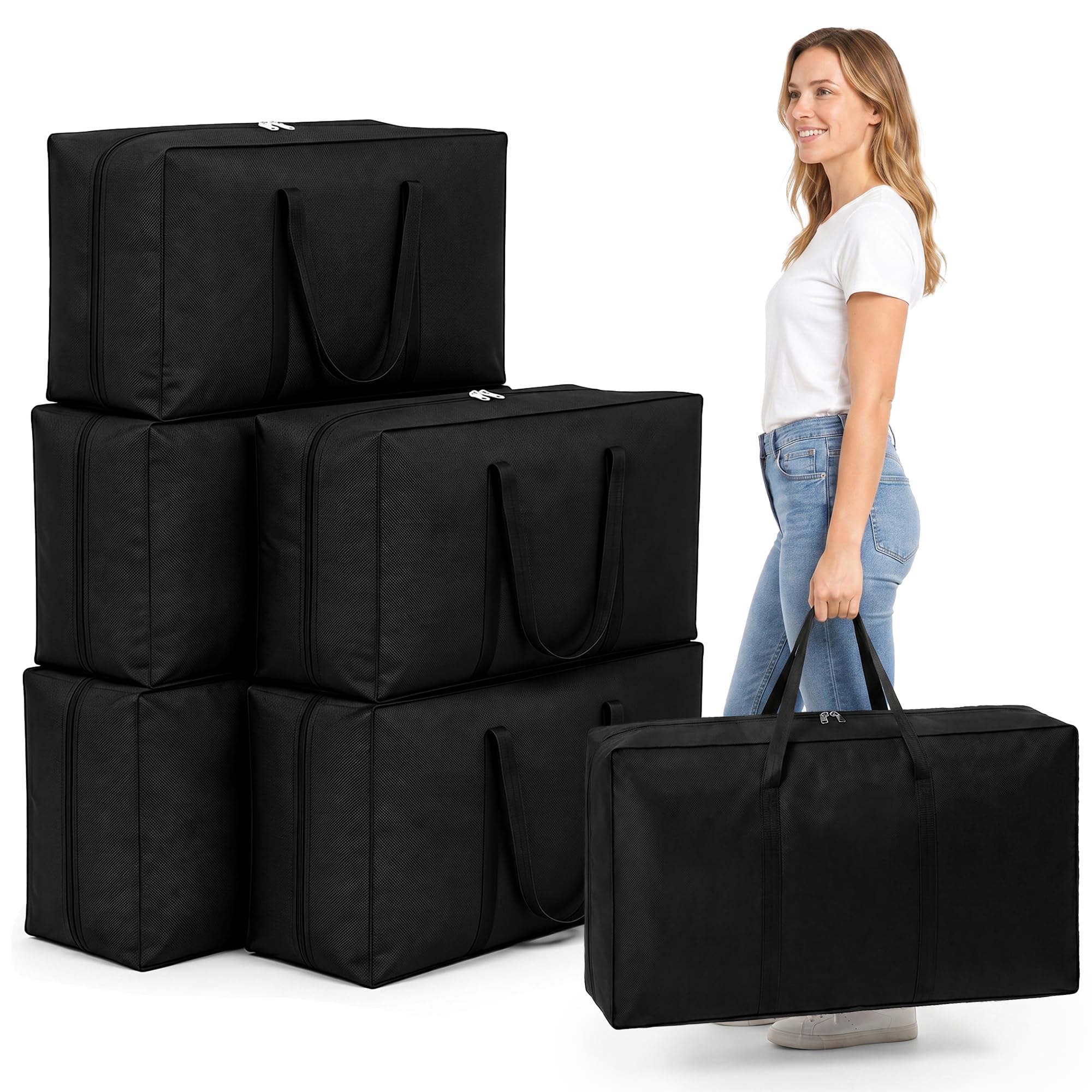 HueeeJot Heavy Duty Moving Bags 6 Pack - 105L Extra Strong Storage Bags with Metal Zips, Water-Resistant Alternative to Cardboard Boxes for Moving House, Loft & Seasonal Storage (Black)