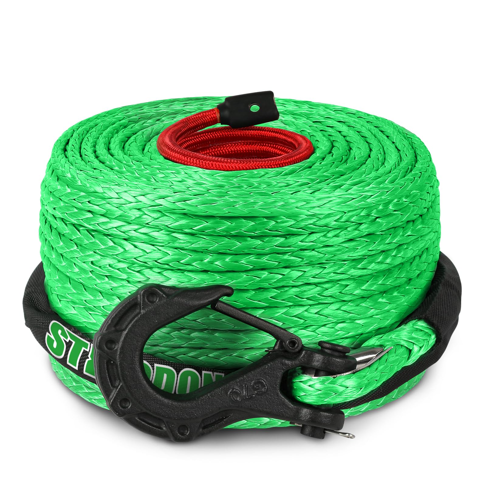 STEGODON Synthetic Winch Rope, 3/8" x100ft 23809LBS Dyneema Winch Rope 3/8 Heavy Duty Winch Cable with Protective Sleeve Forged Winch Hook for 4WD Off Road Vehicle Truck SUV (Green)