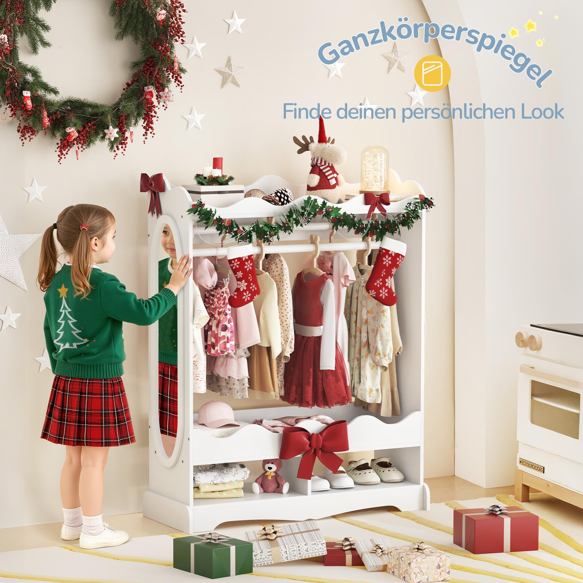LUE BONA Kinderkleiderschrank, Kindergarderobe mit Spiegel und Kleiderstange, Kinder Kleiderschrank aus Holz mit 3 Haken, Kleiderschrank Kinderzimmer mit Ablage, für Kinderzimmer, 85x108x34 cm, Weiß