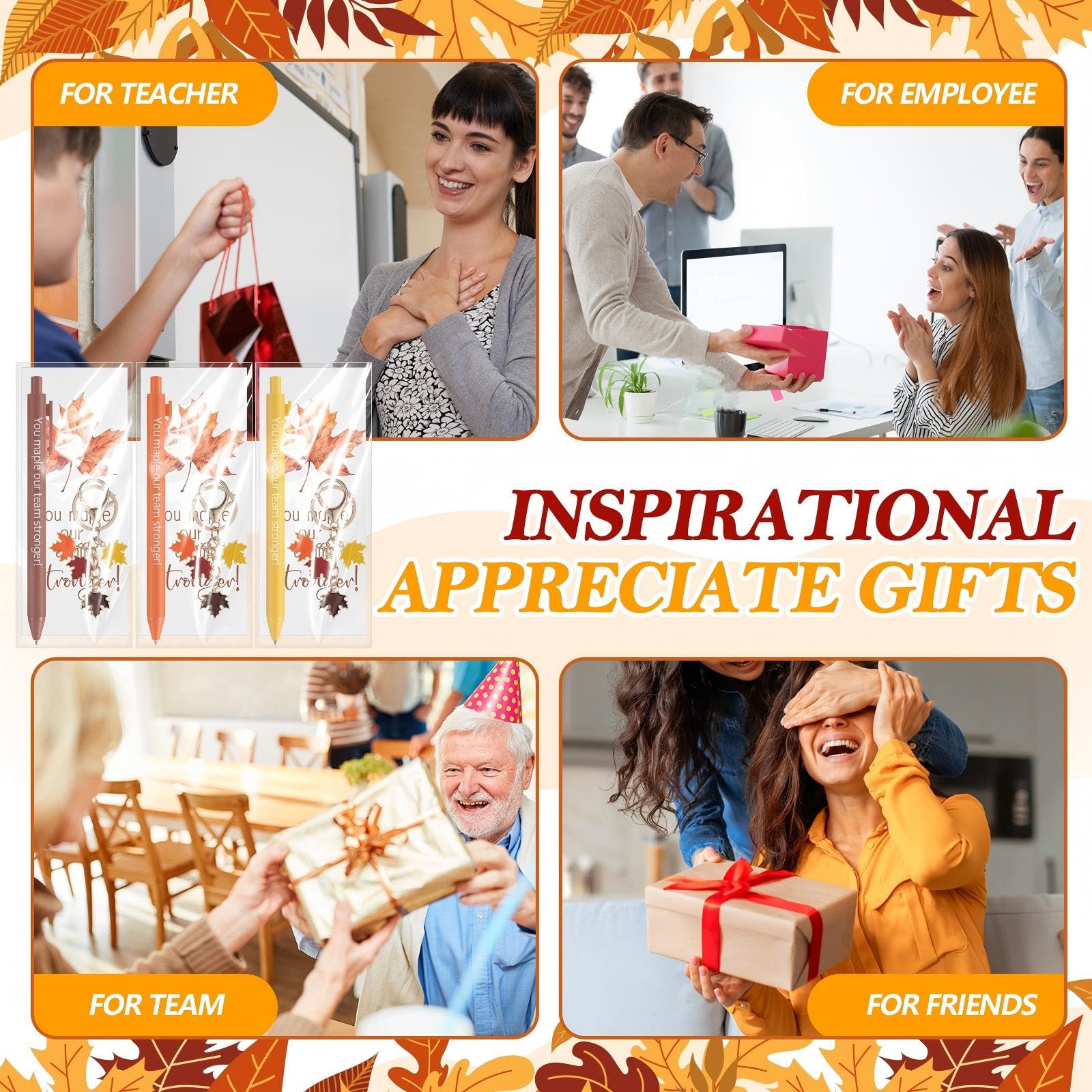 AmazingSpark 20er-Set inspirierende Kugelschreiber, Ahornblatt-Schlüsselanhänger, Grußkarten, Erntedankfest, positive Bestätigung für Lehrer, Mitarbeiter, Team, Mitarbeiter, Gruppe, Kollegen