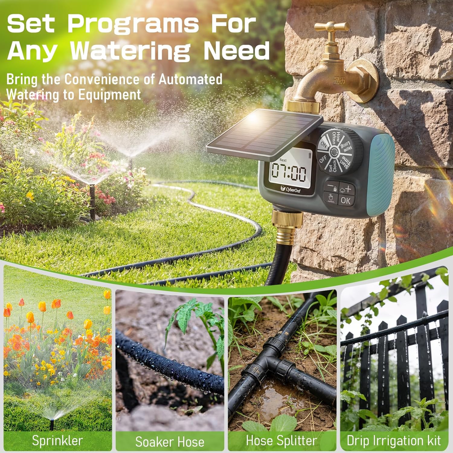Solar Hose Timer, CyberOrd Sprinkler Timer Programmable with Brass Swivel, Programmable Faucet System for Garden Hose with Rain Delay/Manual/Automatic, Drip Irrigation System for Outdoor, Yard, Lawn
