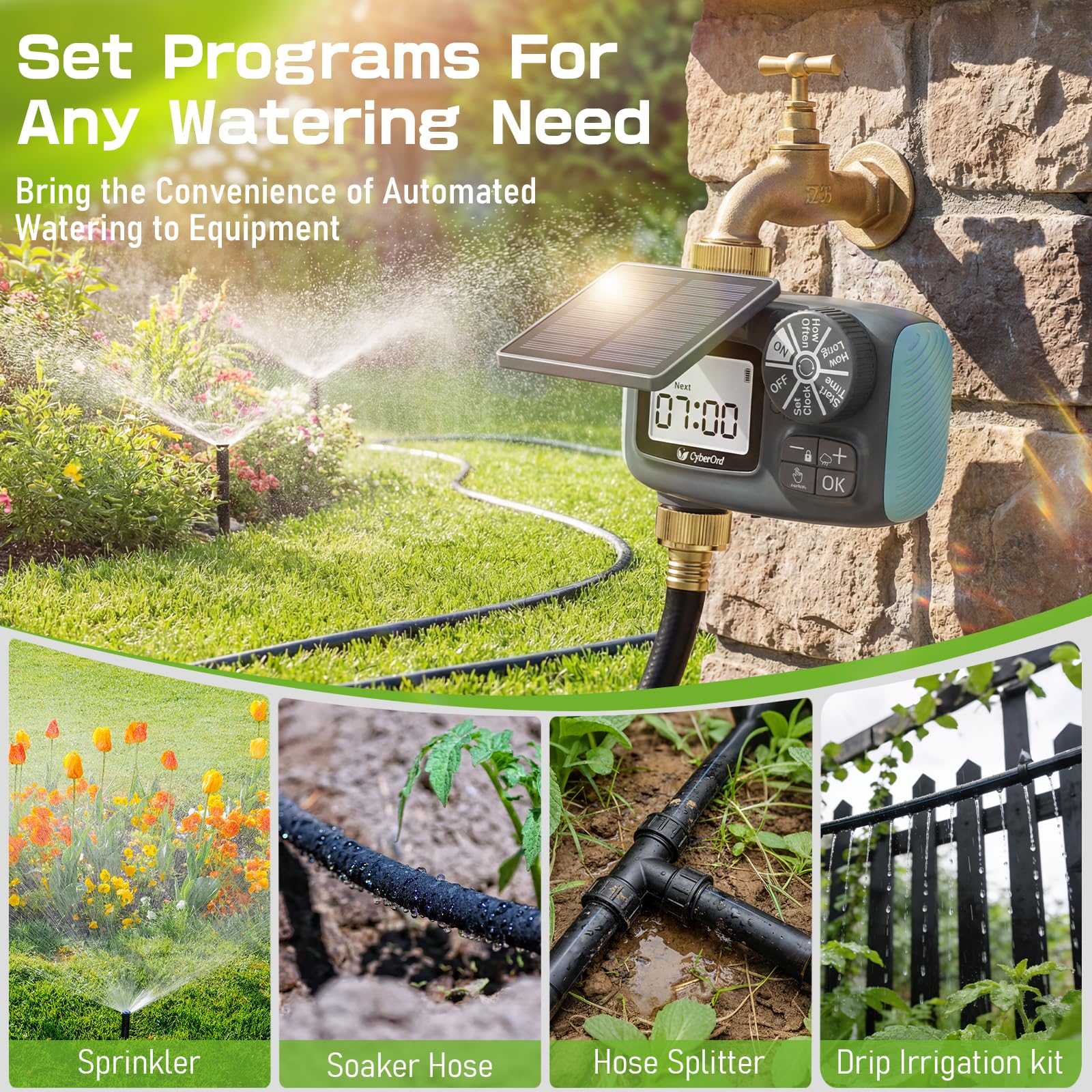 Programmateur Arrosage Automatique Recharge Solaire, Minuteur Arrosage Retard De Pluie, Programmable par Semaine/Heures/Jours d'intervalle, Programmateur d'arrosage pour Jardin,Cour,Pelouse